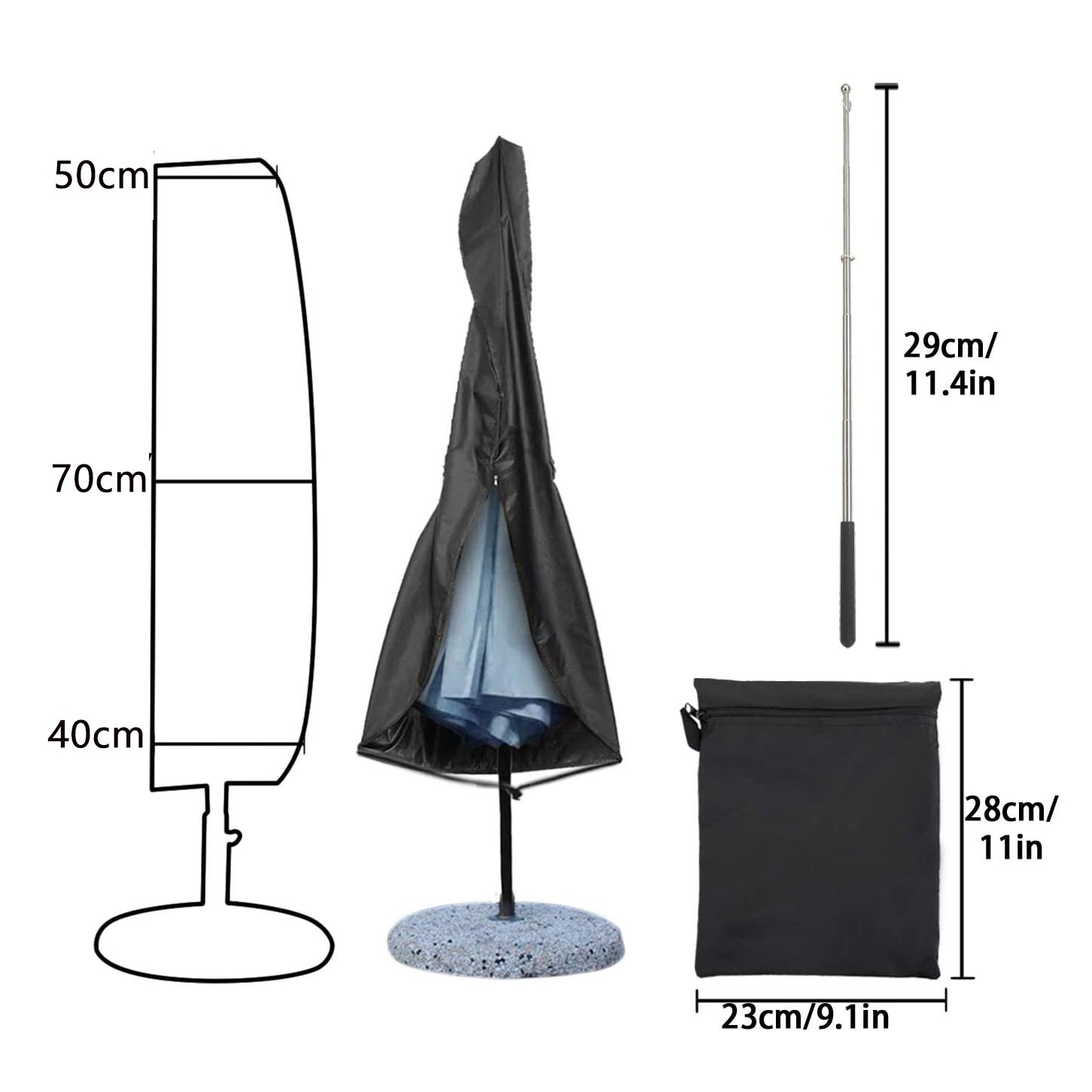 Housse de parasol d'extérieur, imperméable 420D Oxford, avec poteau de support et sac de rangement, protection UV (265 x 40/70/50 cm) - 3