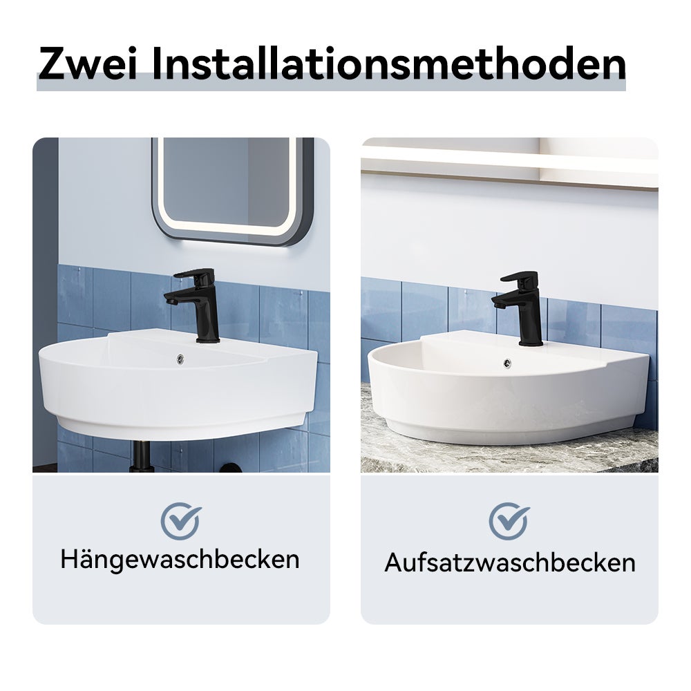 HOROW Lavabo semi-circulaire en céramique, à fixer au mur ou à poser, avec trop-plein et trou pour robinetterie, 50 x 44 cm - 5