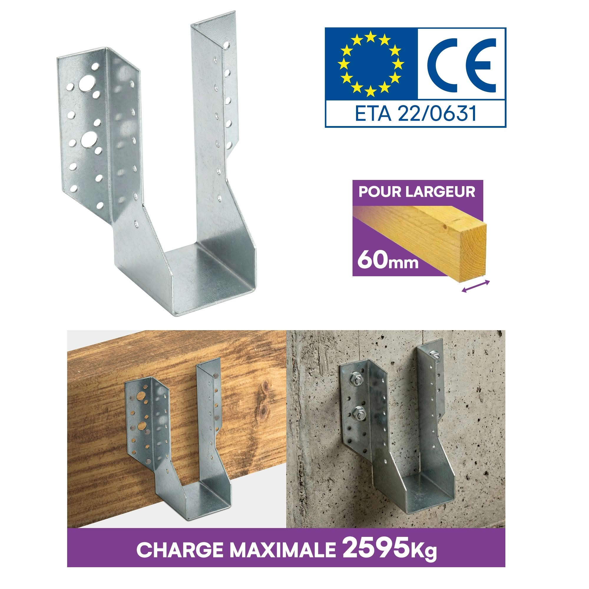 10 Sabots de charpente à ailes extérieures Connecteurs de poutres - Acier galvanisé - Larg 60 x Ht 162 mm - Fabriqué en Europe - 3