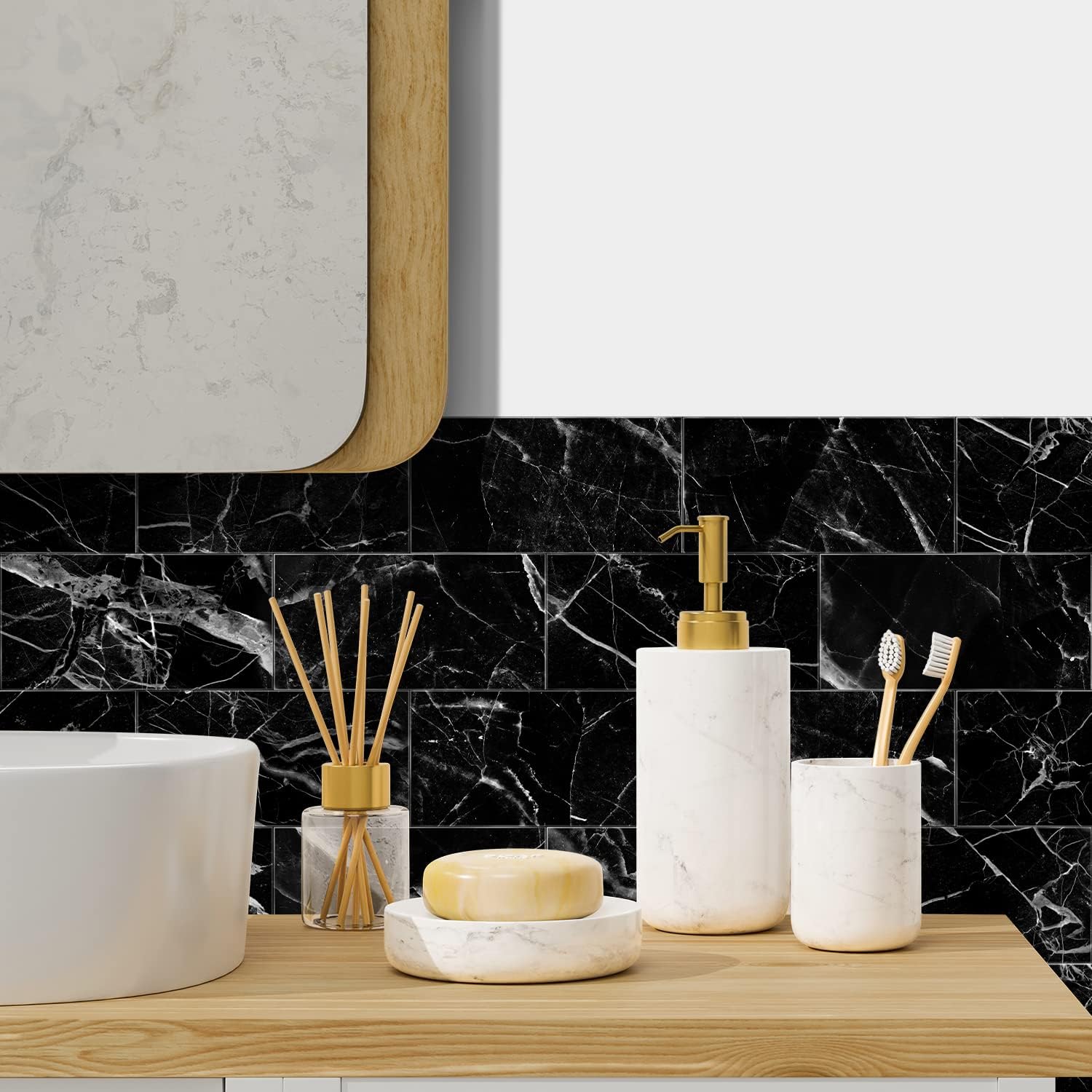 Crédence Adhésive 3D Imitation Marbre Noir - 16 Panneaux Décoratifs Imperméables et Résistants à l'Humidité pour Cuisine, Salle de Bain - 6