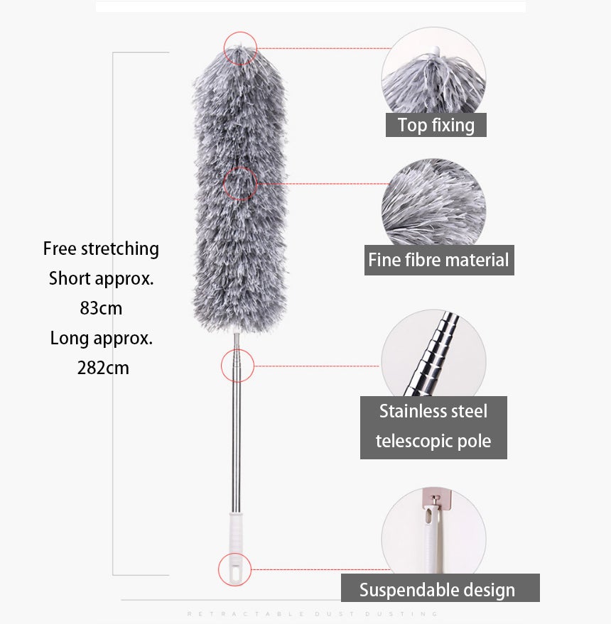 Plumeau télescopique 2,8 m – Nettoyage efficace plafond, rideaux, coins, tête lavable et amovible, manche ergonomique gris - 3