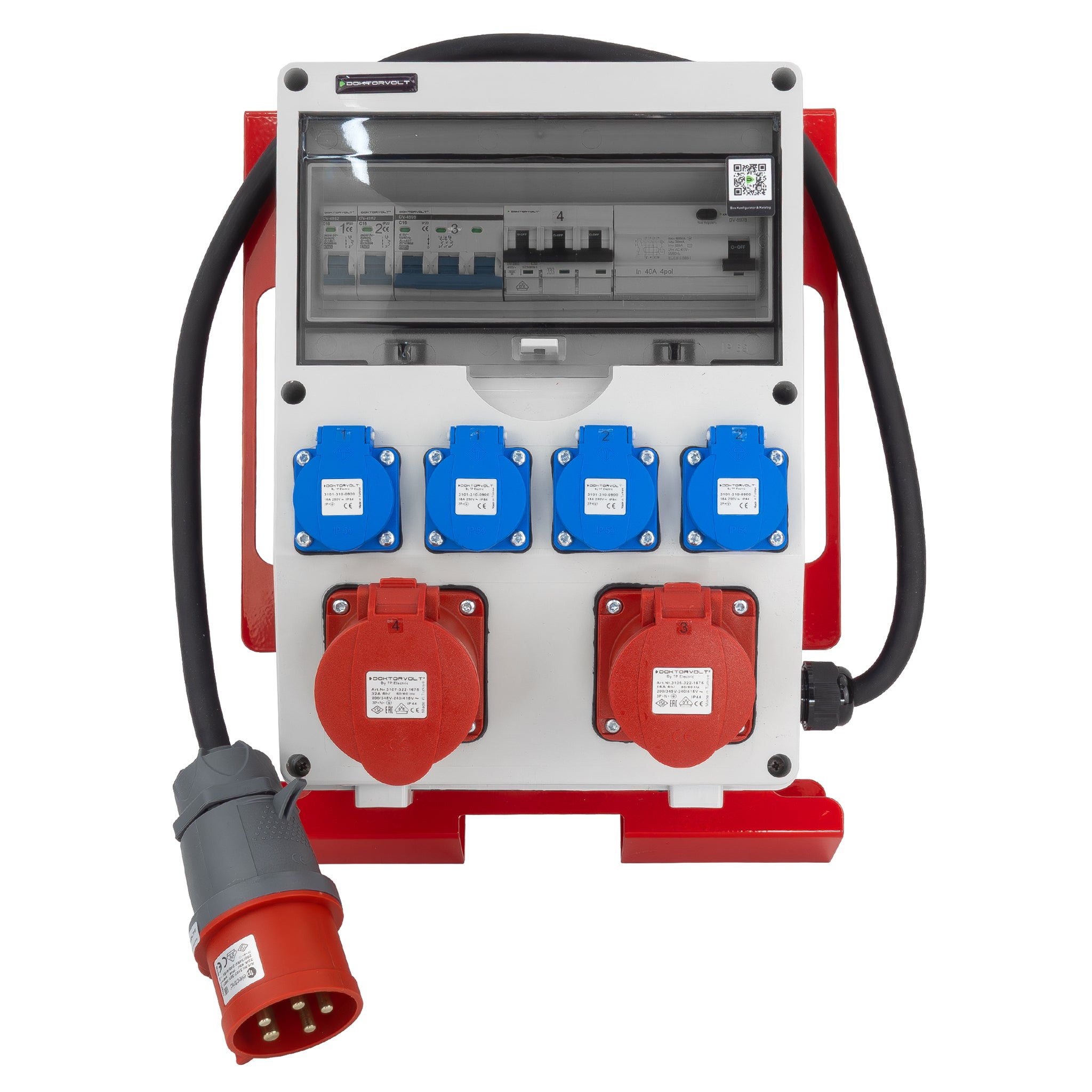 Rozdzielnica budowlana SET-S/FI Skrzynka elektryczna na stojaku z kablem 32A 16A 4×230V Schuko Doktorvolt DV-0126-D