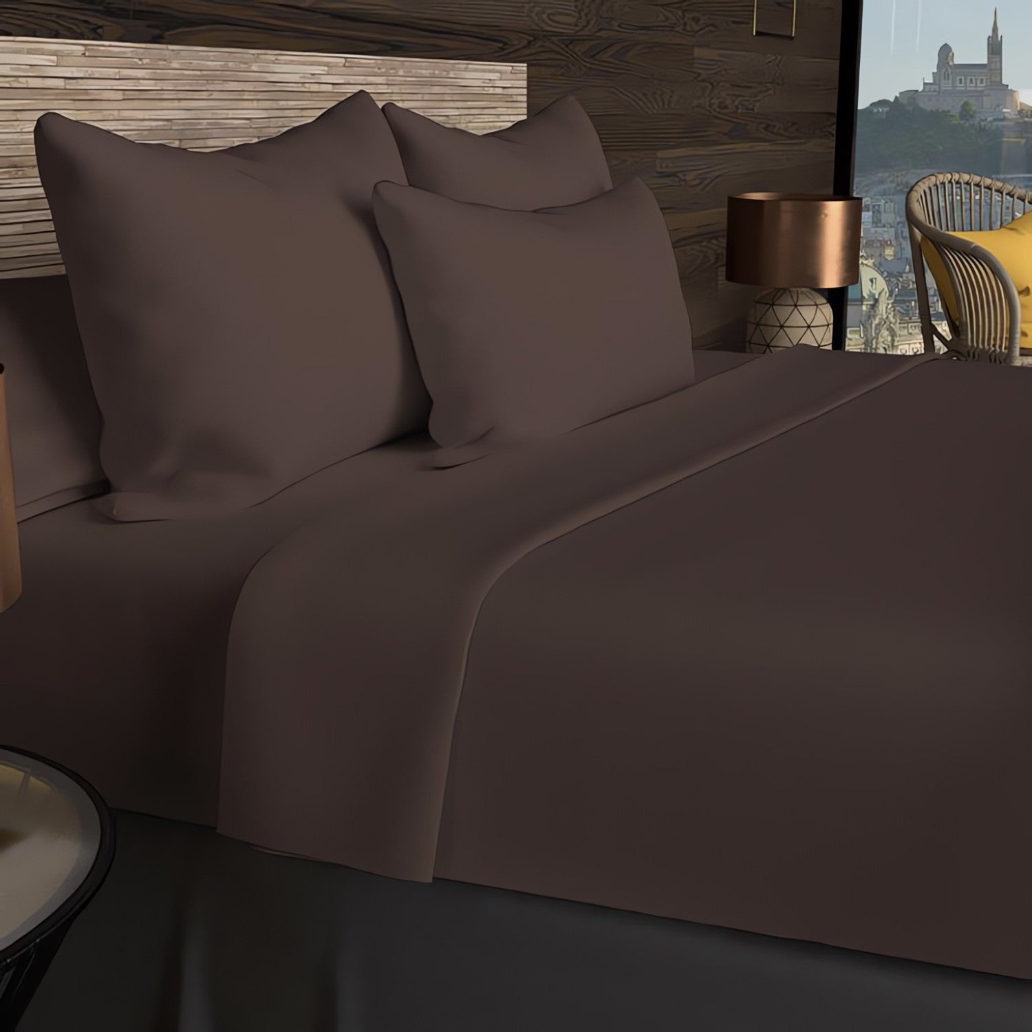 Drap housse en coton 57 fils 160x200 cm UNI brun, par Soleil d'ocre - 3