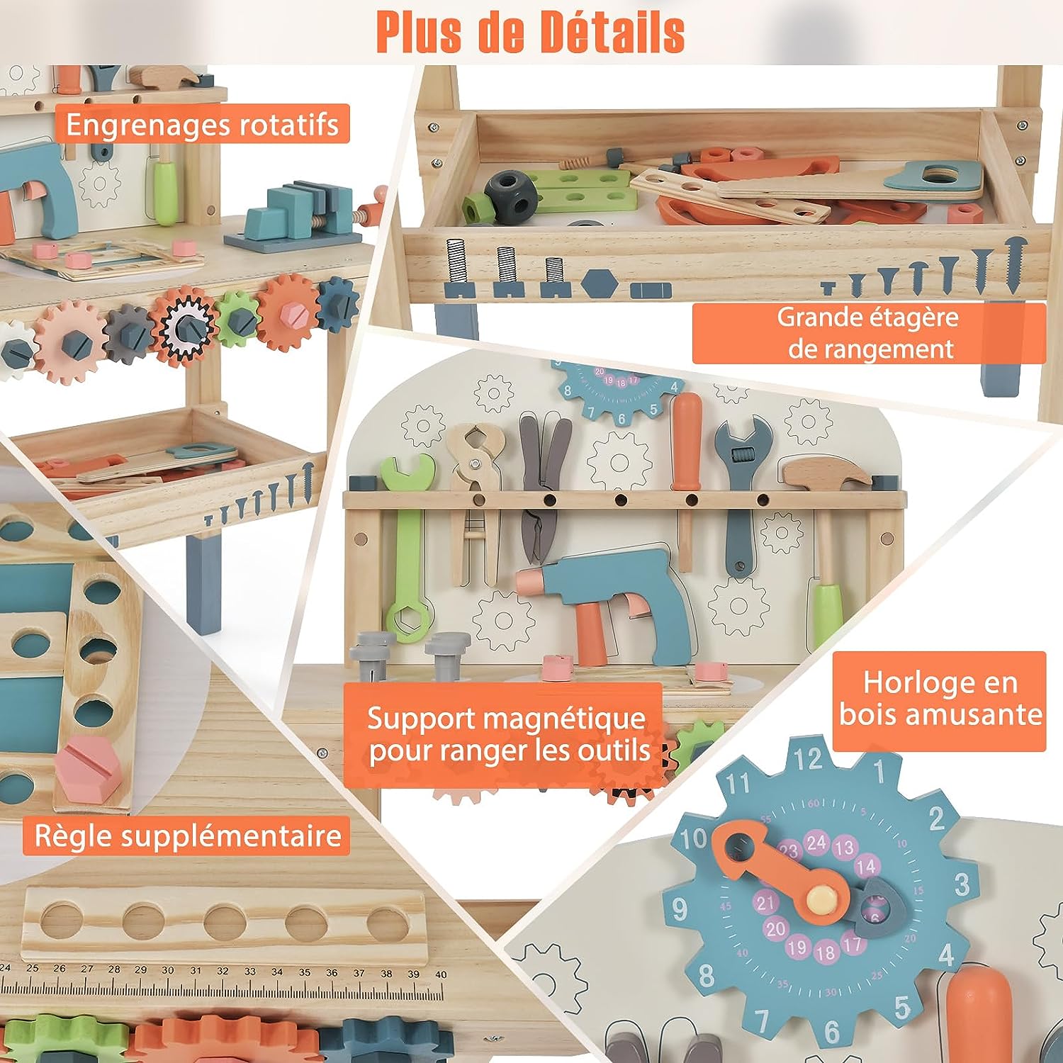 Jouet d'Etabli en Bois pour Enfants avec 8 Outils & 53 Accessoires, Jeu d'imitation Bricolage avec Tableau Noir, Cadeau Enfant 3-8 Ans - 2
