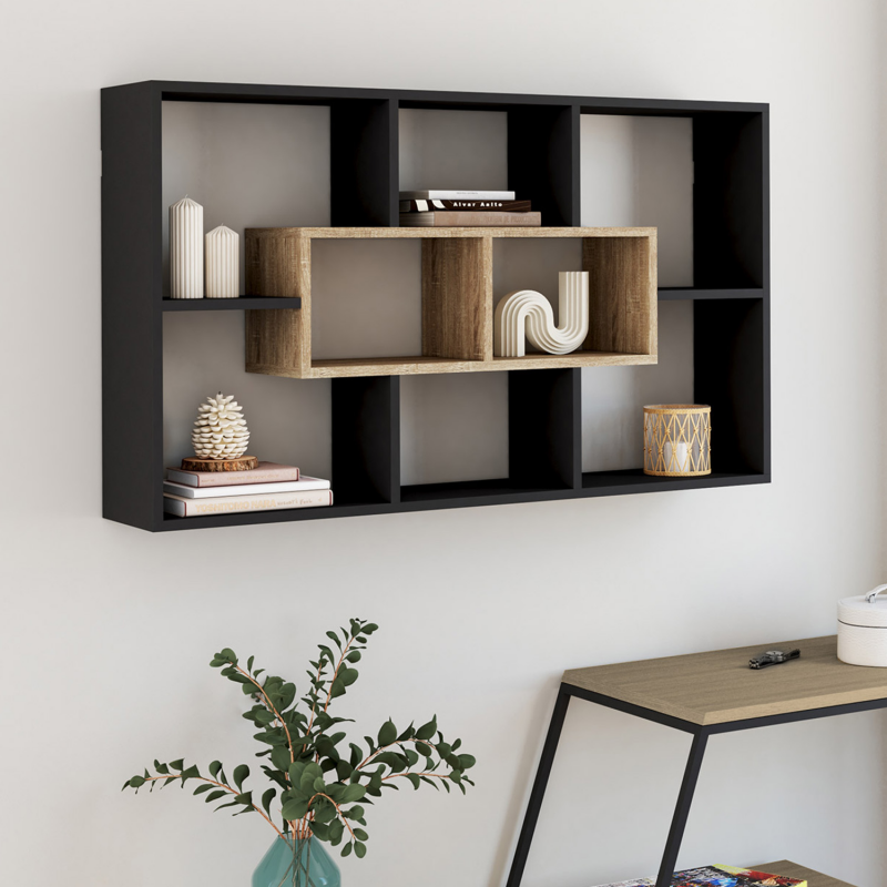 Étagère Bibliothèque Colette IDMarket - 11 Compartiments Noir Et Effet Bois - H.143 Cm L.104 Cm - Montage Facile