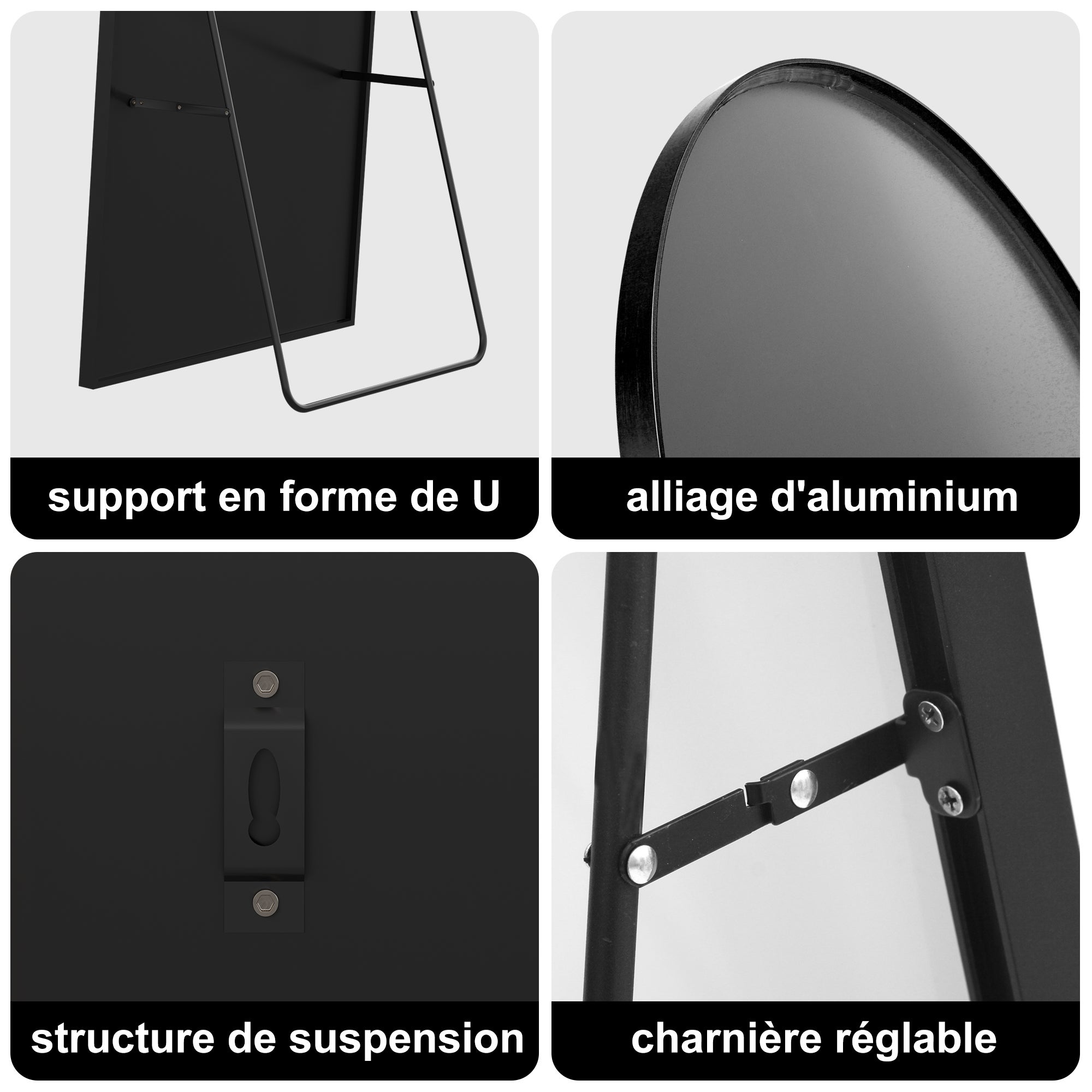 Miroir pleine longueur 177 x 77 cm, miroir de sol avec cadre en aluminium, miroir sur pied arqué lisse, Noir - 8