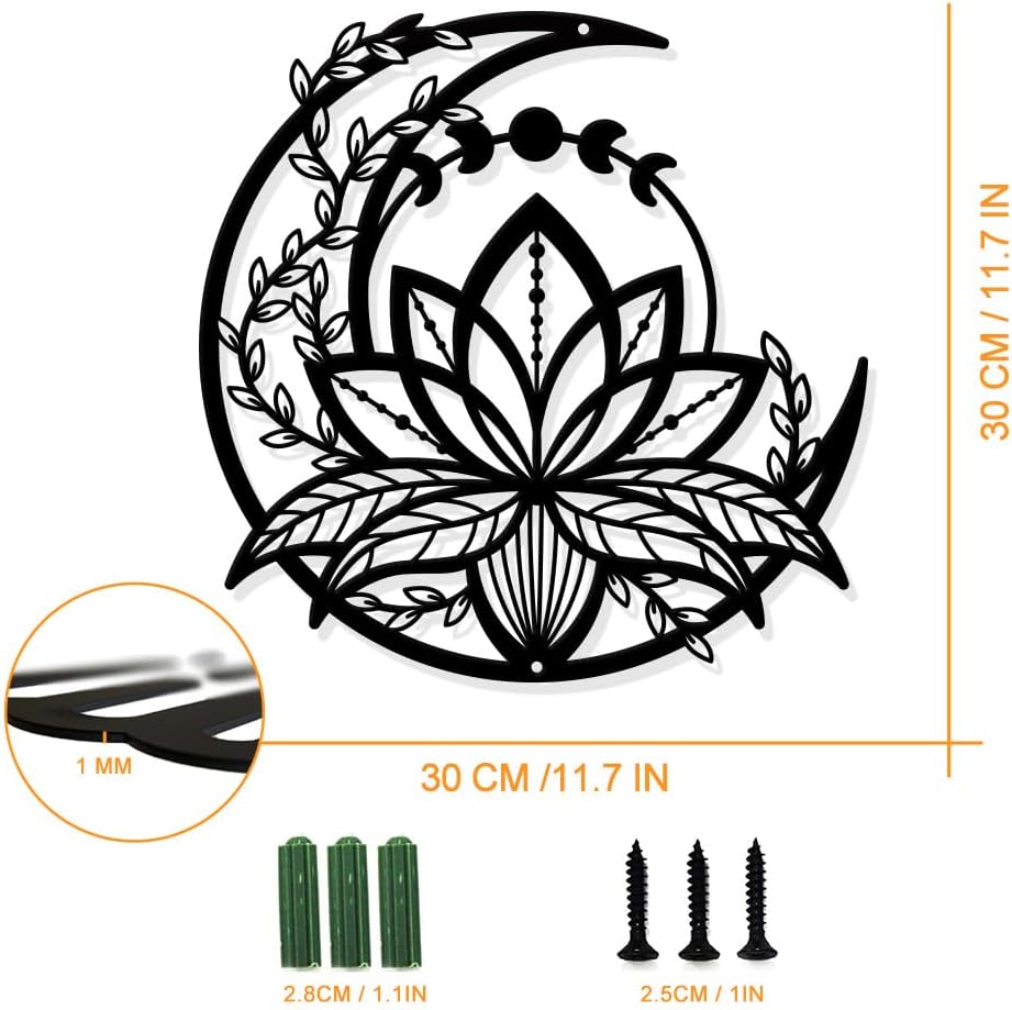 Phase de Lune avec Fleur de Lotus Décoration Murale en Métal, Décor Mural Suspendu de Style Mat Art Mural de Silhouette pour la Maison Jardin Hôtel - 2