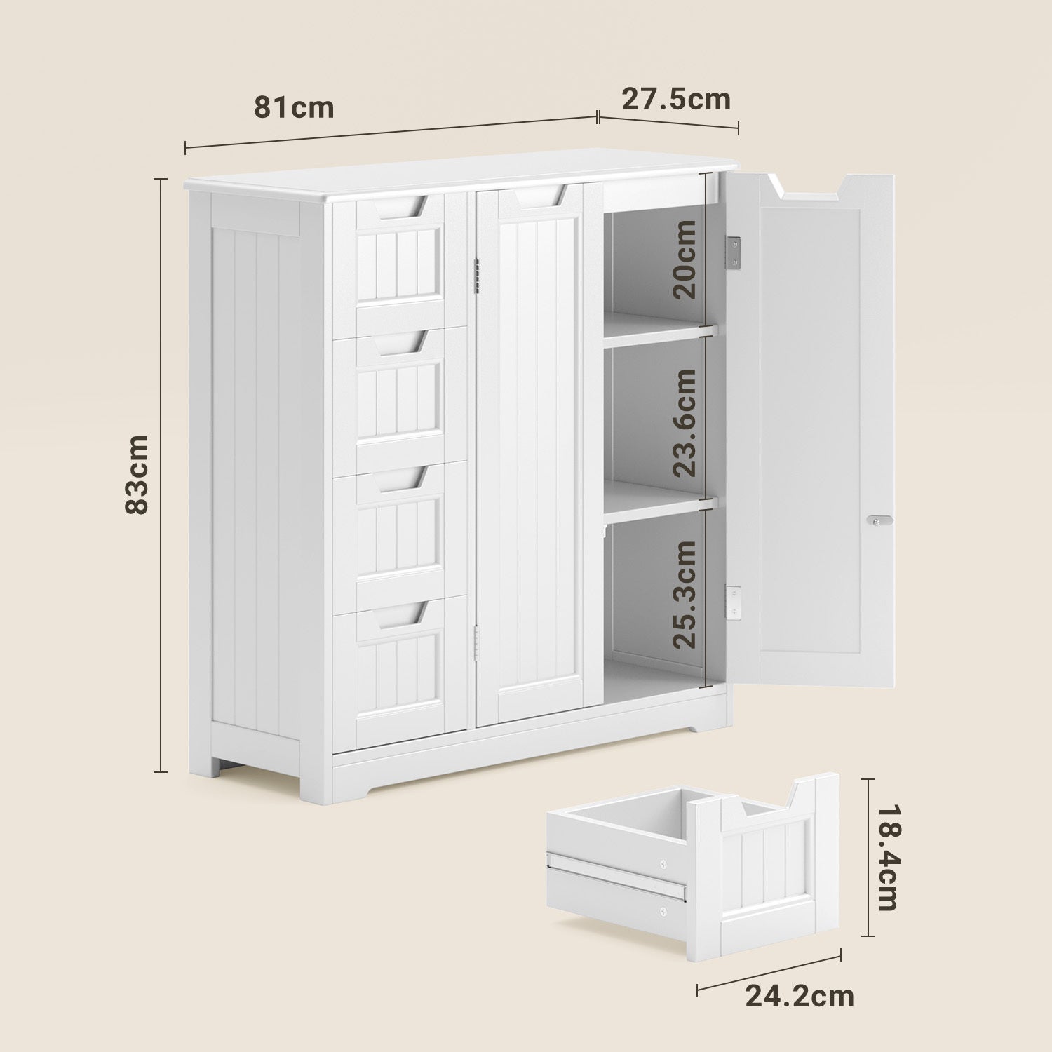 Mobiletto da bagno da 80 cm con 2 ante, 4 cassetti e ripiani regolabili, 81x30x83 cm, Bealife - 3