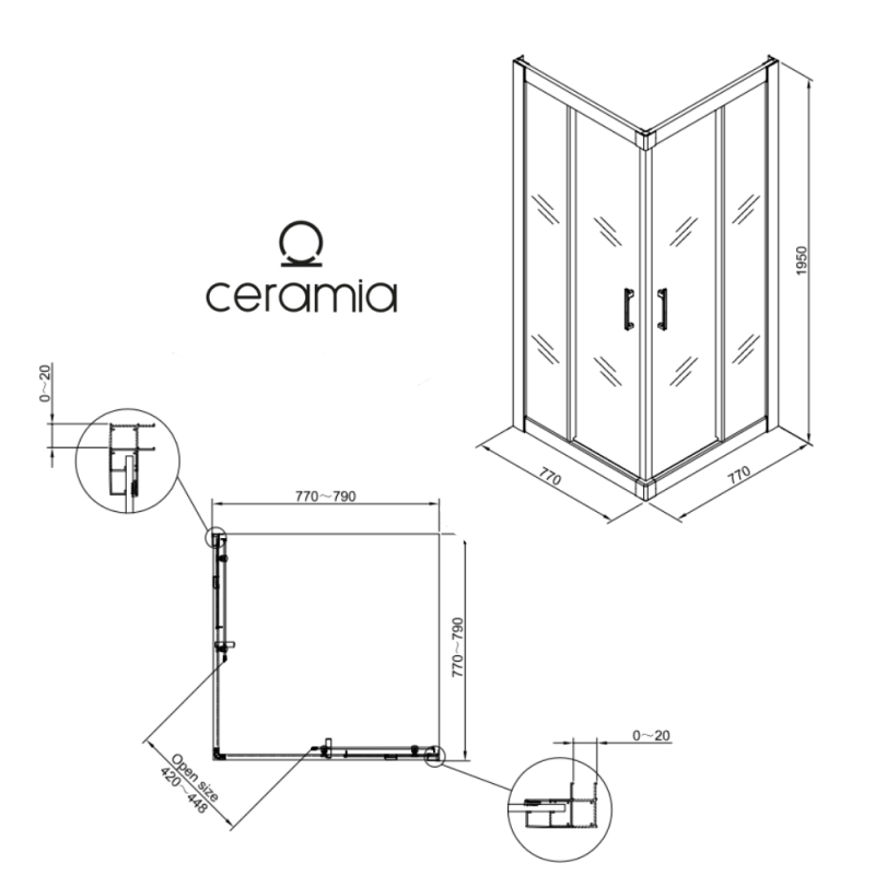 Ceramia CASCADA Porte de douche 80x80x195cm coulissante anticalcaire avec profilés chrome brillant (CERAHC8080C) - 3