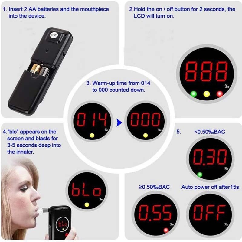 Analyseur d'haleine professionnel avec écran numérique LCD – Analyseur d'haleine portable de haute précision, comprend 5 embouts, noir - 3