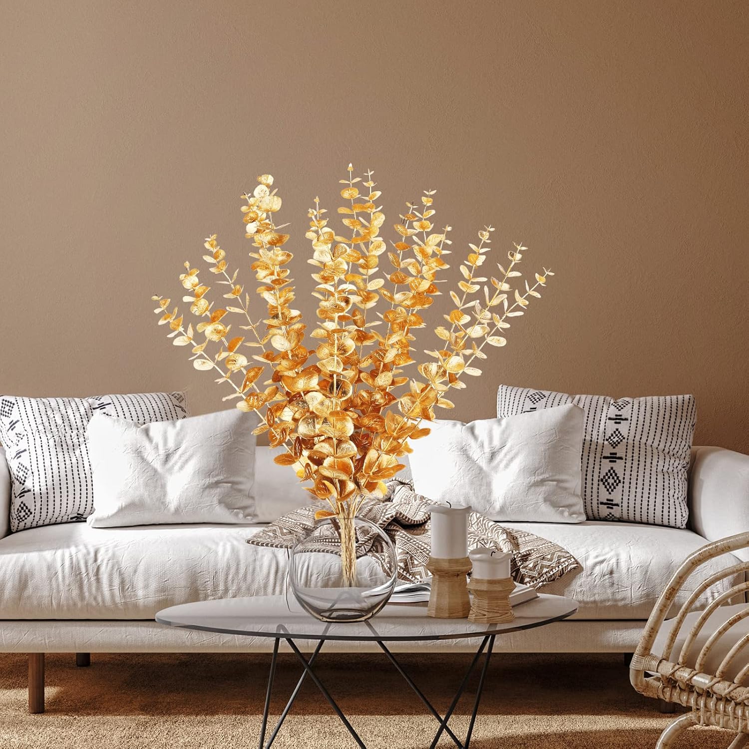 Lot de 24 tiges d'eucalyptus artificielles dorées, fausses feuilles décoratives pour bouquet de mariage, maison, ferme, vase, bricolage - 5