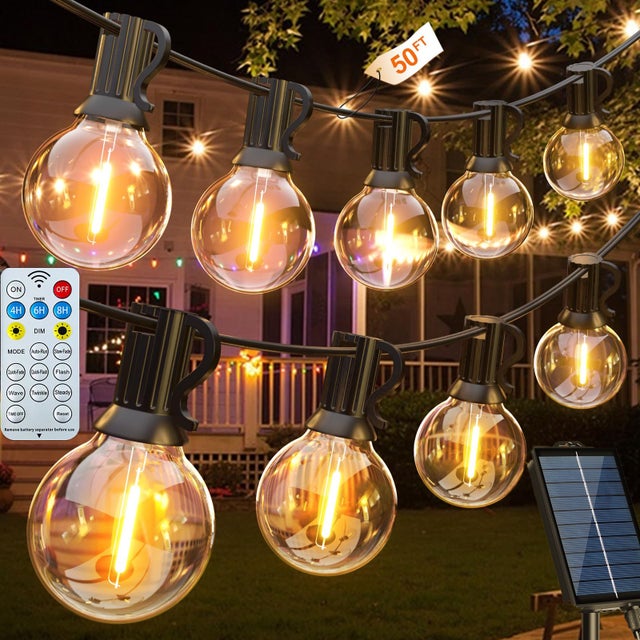 Guirnalda de luces solares para exterior de 15 m,25 bombillas G40 y 1 bombilla G40,IP44 resistente al agua,con mando a distancia, 8 modos