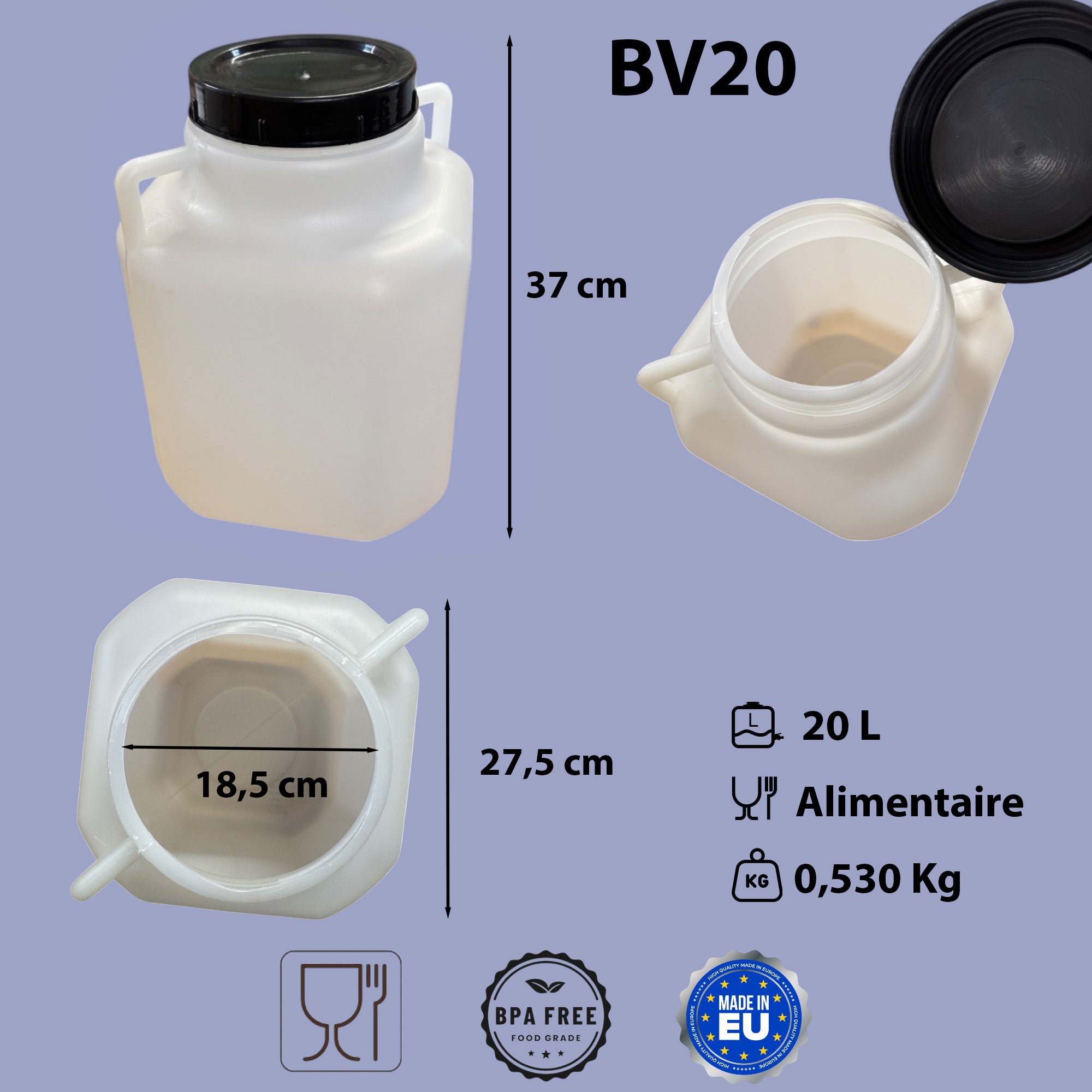 Bidon Plastique 20 Litres avec Large Ouverture (Ø18,5 cm) - 2