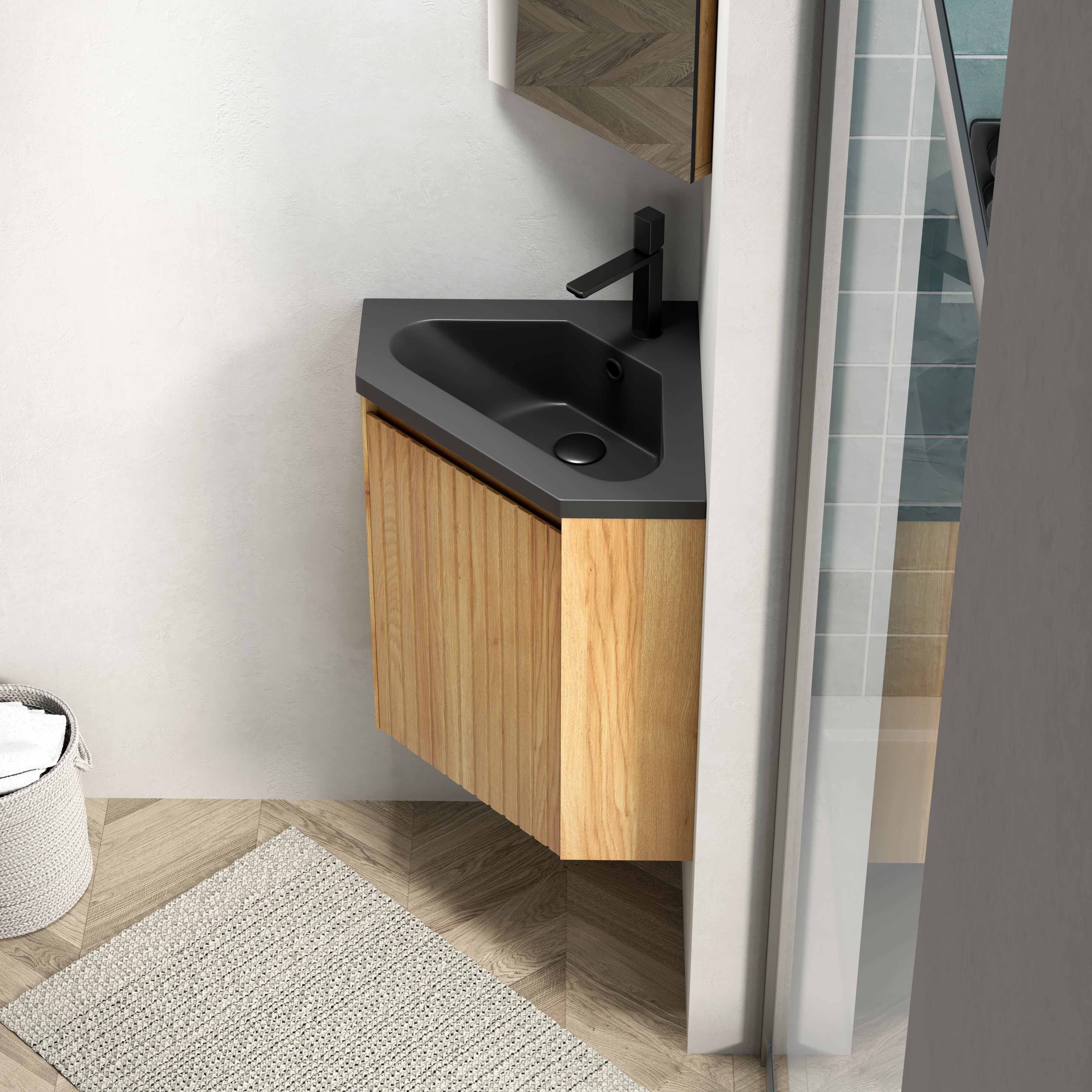 Meuble vasque d’angle suspendu 38 cm avec vasque intégrée en résine noire mate, armoire triangulaire à une porte, finition bois naturel - 5