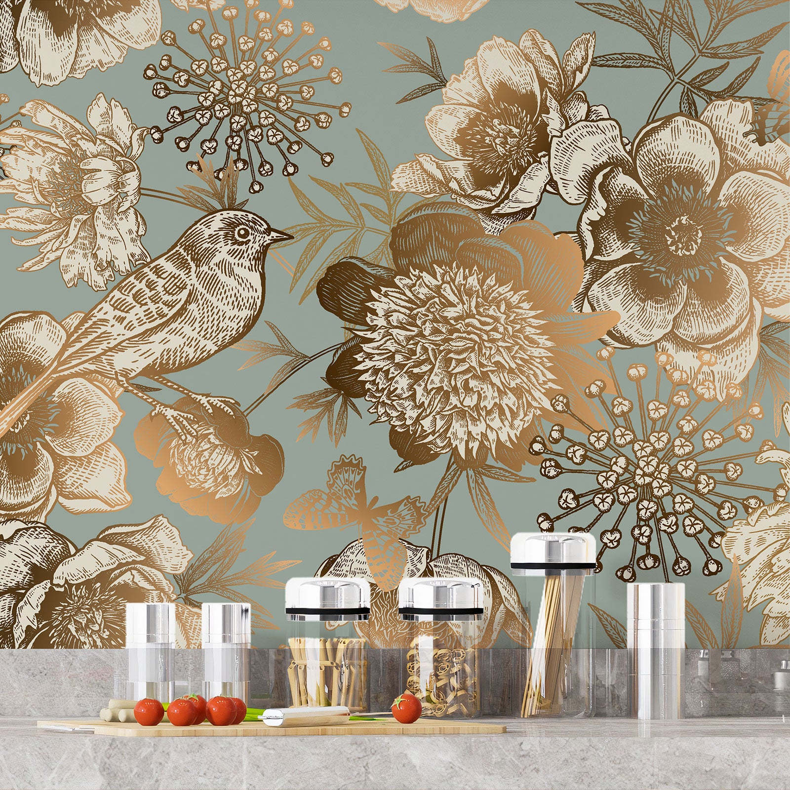 Crédence adhésive sticker décoratif pour cuisine - Fleurs oiseaux - Adhésif + Protection MATE - 50x75 cm - 4