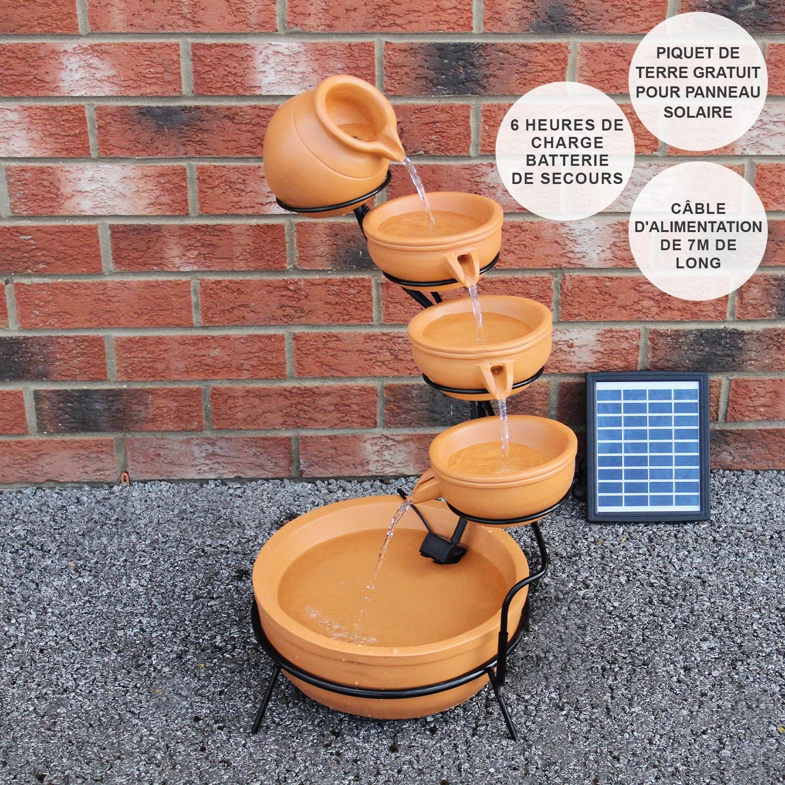 Fontaine de Jardin en Résine Terracotta Alimenté Par Énergie Solaire Cascade Extérieure - 4 Niveaux - Décoration - 3