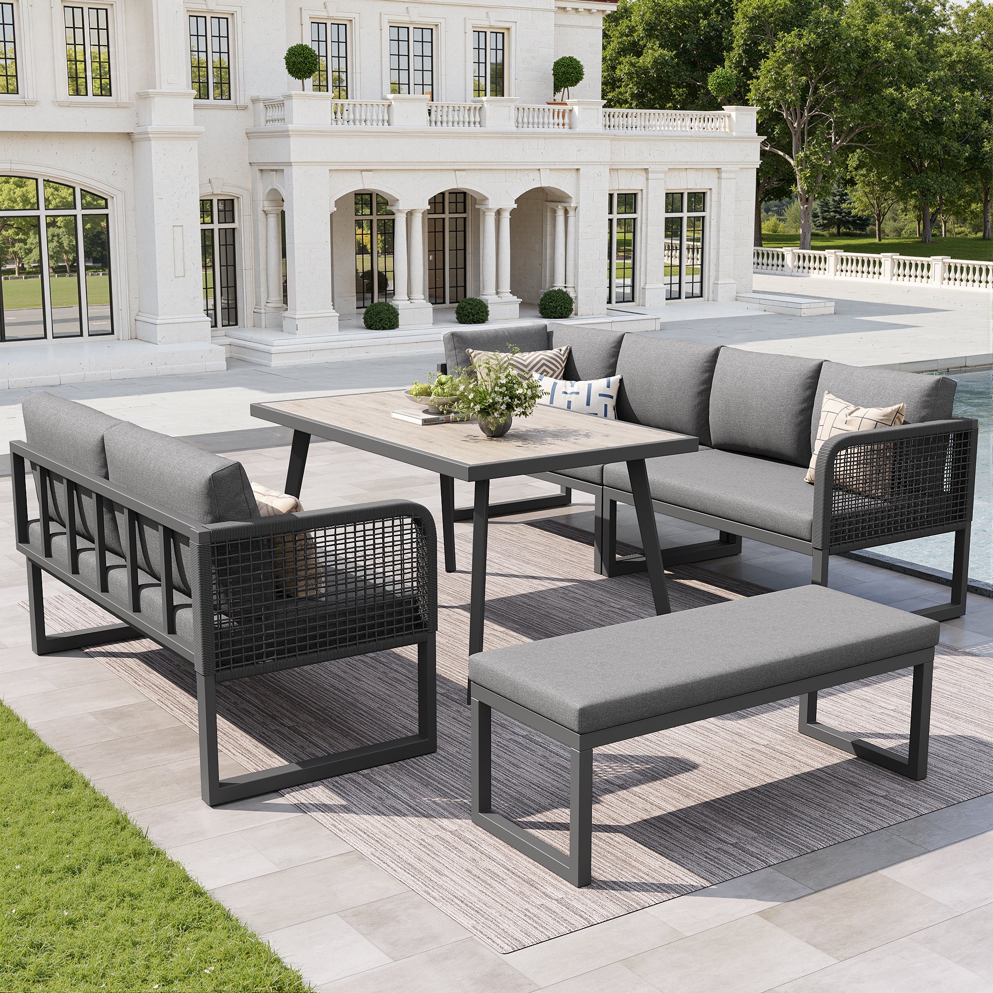 Set di mobili da giardino, set di mobili in rattan PE per 6-8 persone - divano angolare - in ferro zincato - piano del tavolo effetto legno, grigio - 4