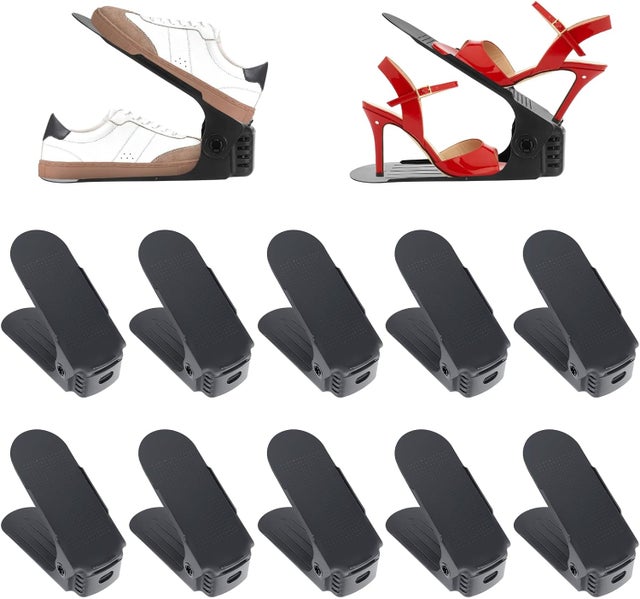 Negro，10pcs zapato almacenamiento zapato ahorro de espacio zapato organizador zapato soporte altura ajustable 3 capas MatéRiau PP