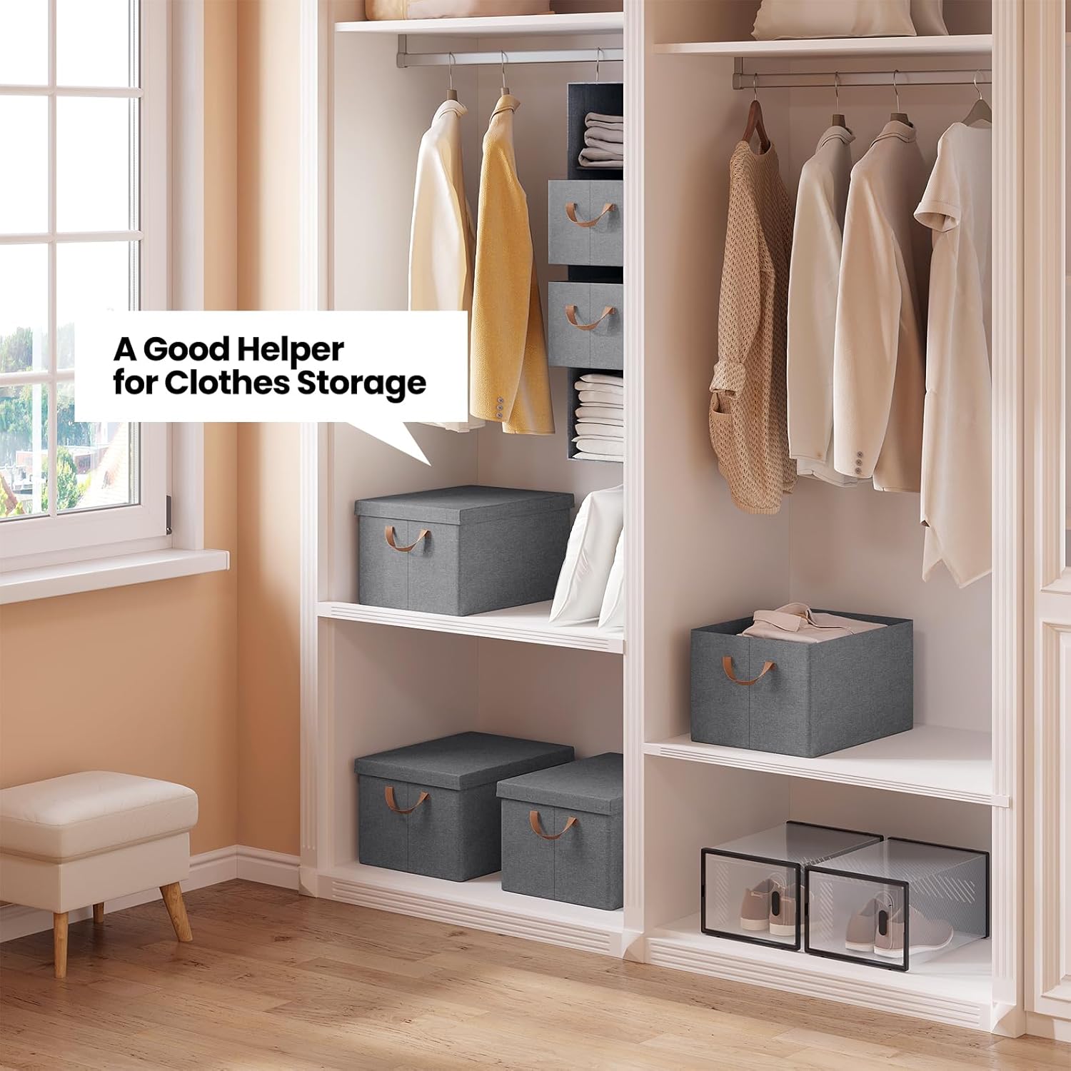 WOLTU Boîte de Rangement avec Couvercle，Lot de 6，Caisse Rangement Pliable，43x33x26cm，Coffre de Rangement en Tissu non Tissé，Gris - 2