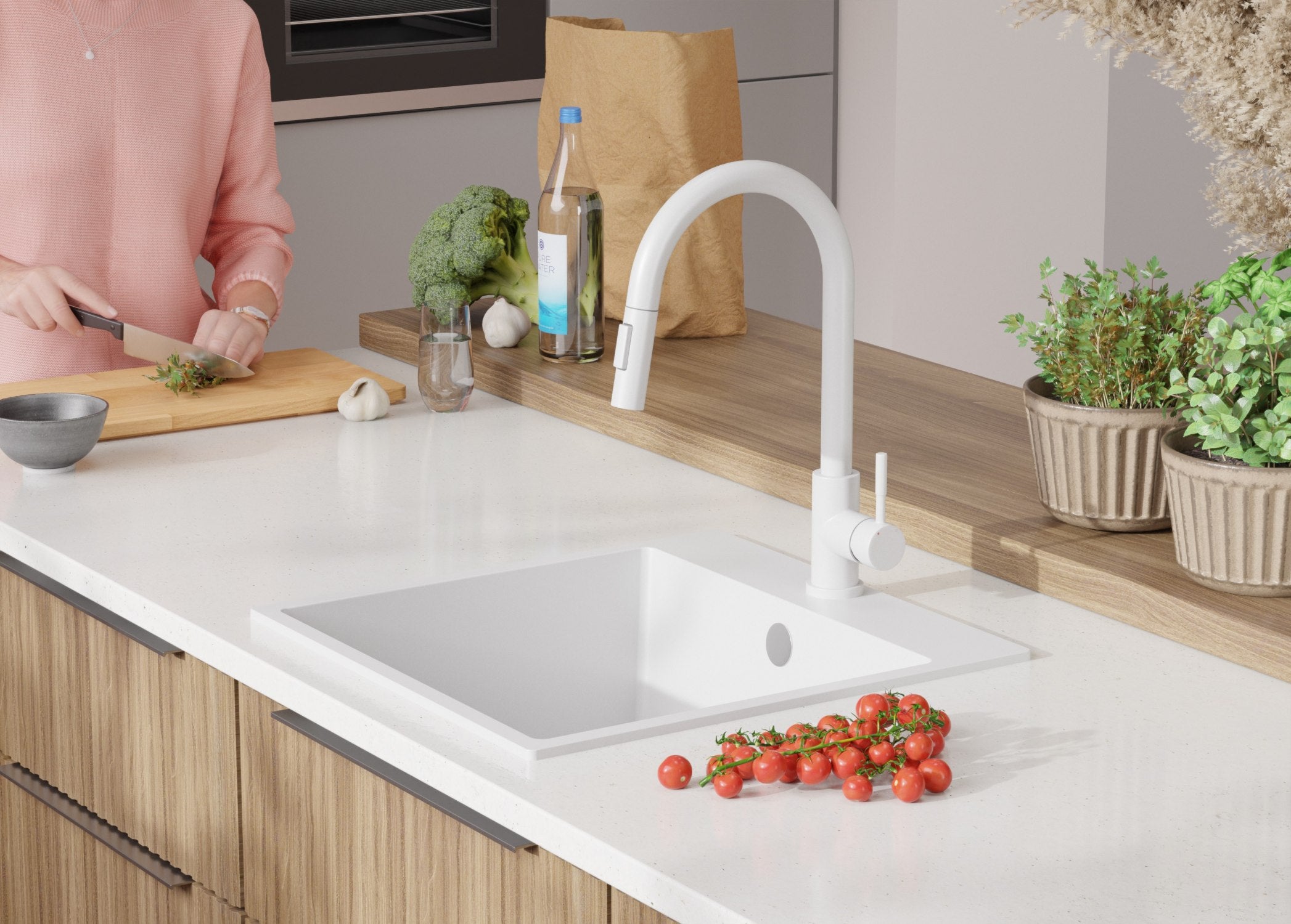 Lavello da Cucina Bianco 48x50cm, Lavandino in Granito a 1 vasca + Sifone Classico, Lavabo da Cucina Incasso al mobile 50cm - Riga PRIMAGRAN - 9