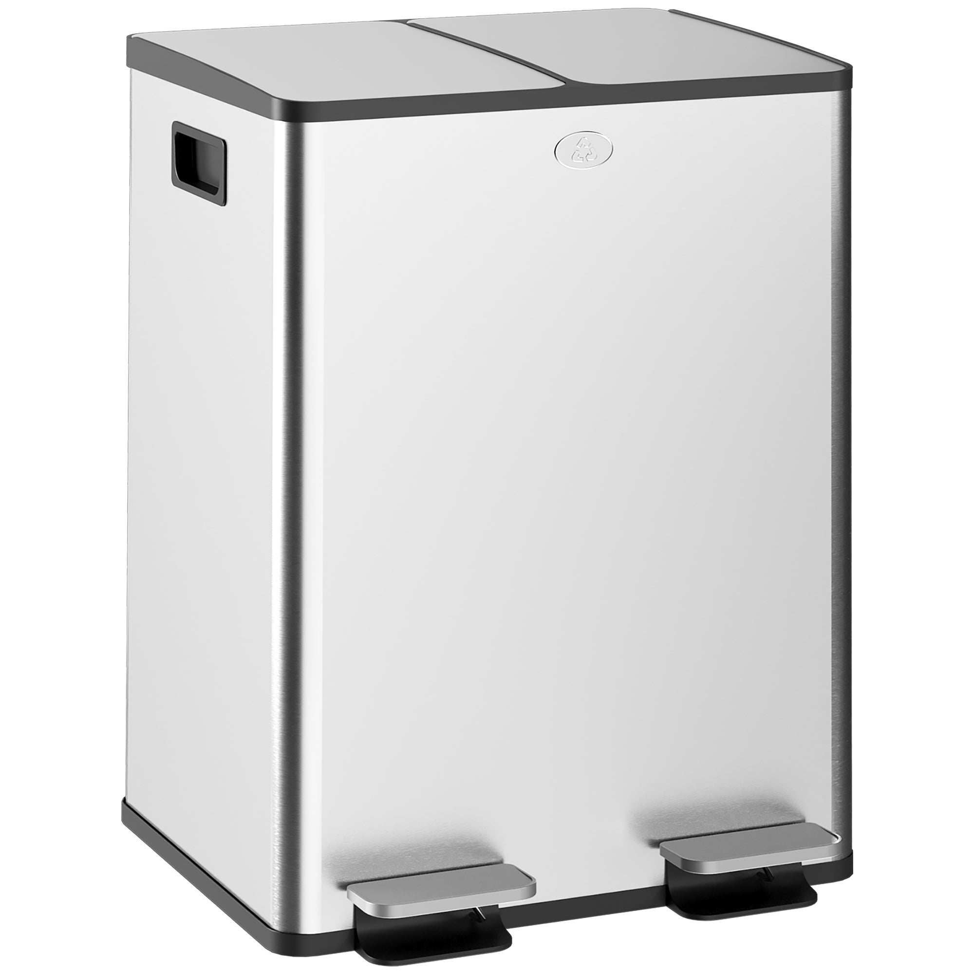 Cubo de basura de cocina en acero inoxidable, dos compartimentos, 2x20 litros, tapa de pedal con cierre suave, color plata.