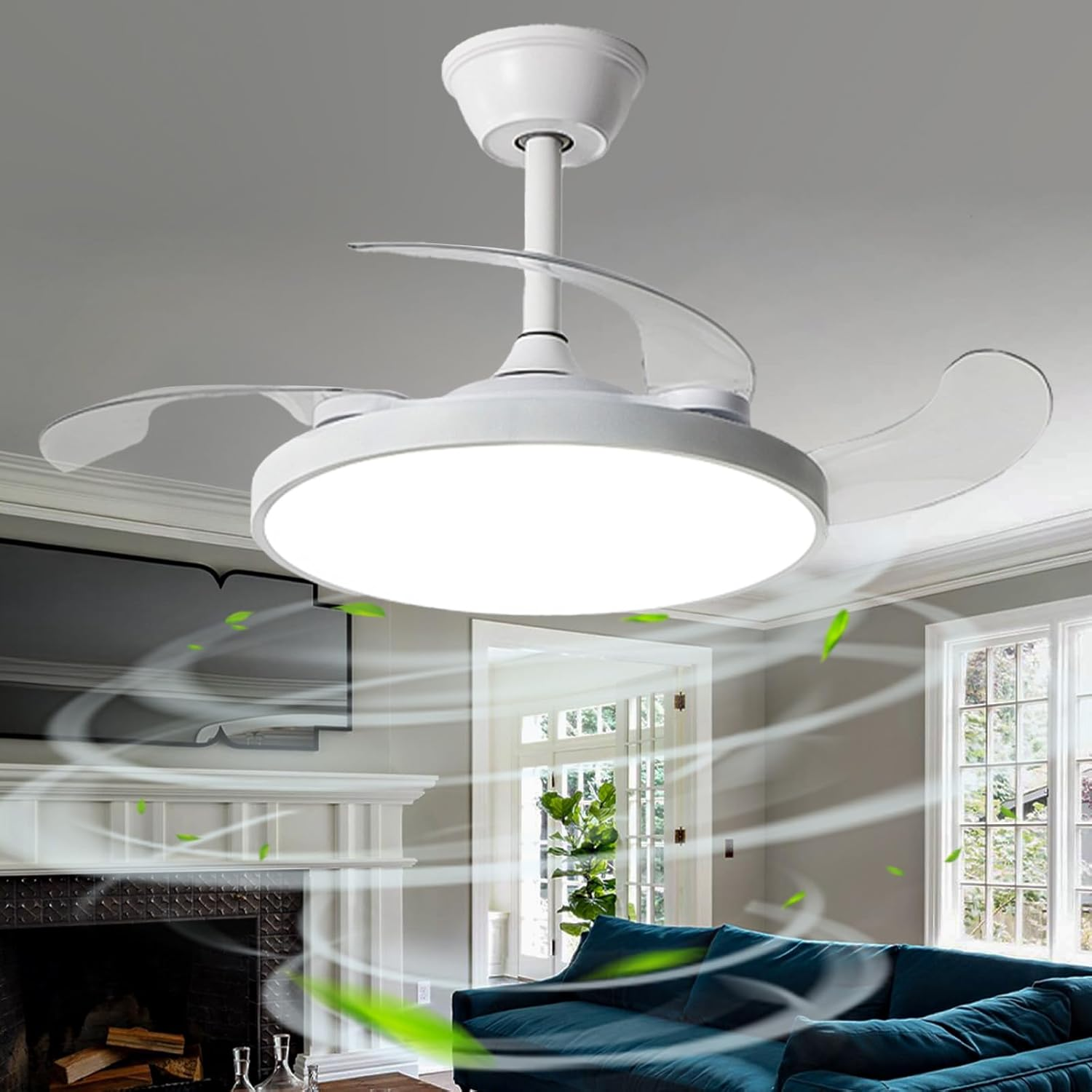 Plafoniera Con Ventilatore A LED, Dimmerabile, Motore DC Reversibile (Estate/Inverno), Telecomando, 6 Velocità, Silenzioso, 55 Cm, Nero Effetto Legno