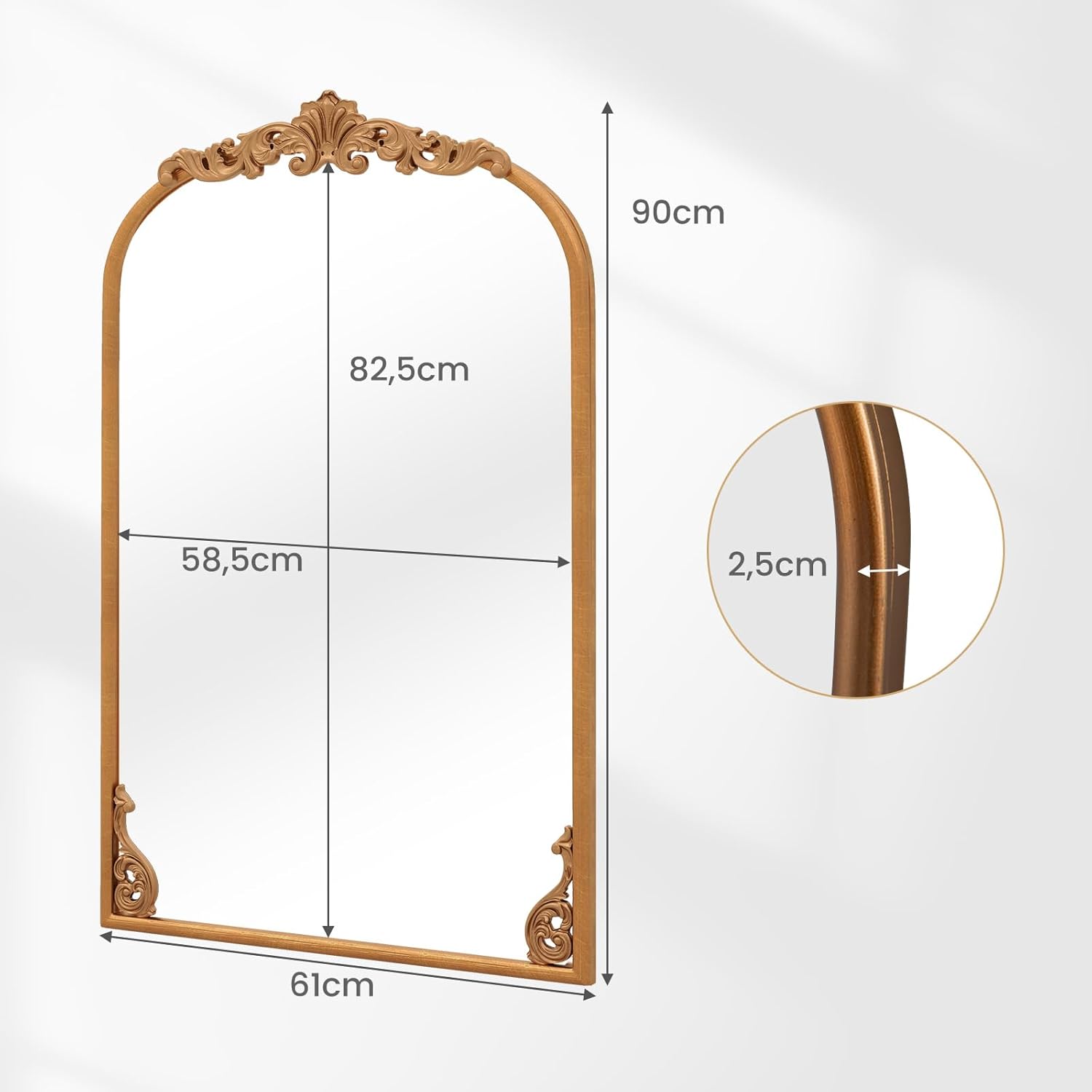 Miroir Mural Doré Vintage, Miroir Arqué Décoratif avec Cadre Baroque Orné, Métal Robuste, Décoration Murale pour Entrée, Salon, Couloir (61x90 cm) - 7