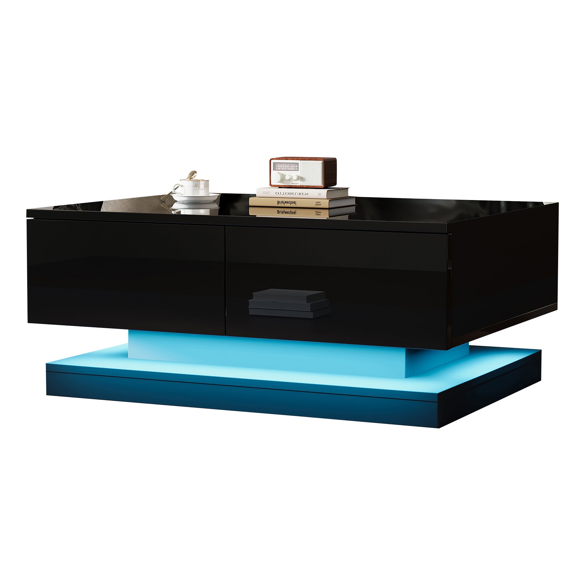 Stół kawowy wysoki połysk 90x50x38cm - z 2 szufladami - z oświetleniem LED - czarny - 9