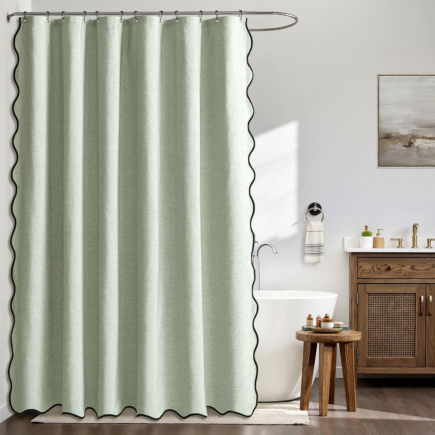 Tenda Da Doccia In Lino E Cotone Con Bottoni - Stile Country, Righe Verdi, 180x180 Cm, Con Asola - 2