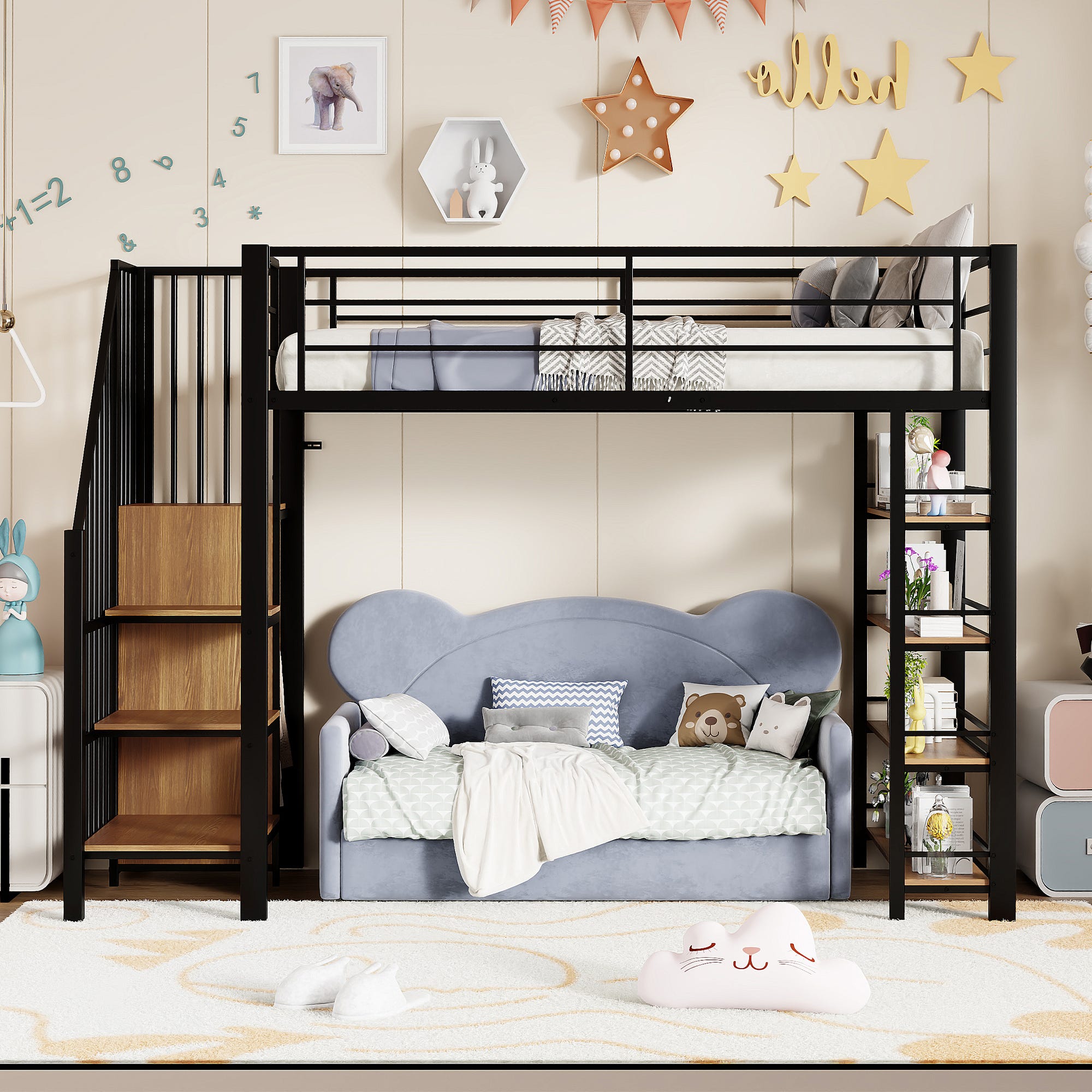 Lit mezzanine 90x200 - avec échelle de sécurité, rangement, petit ...