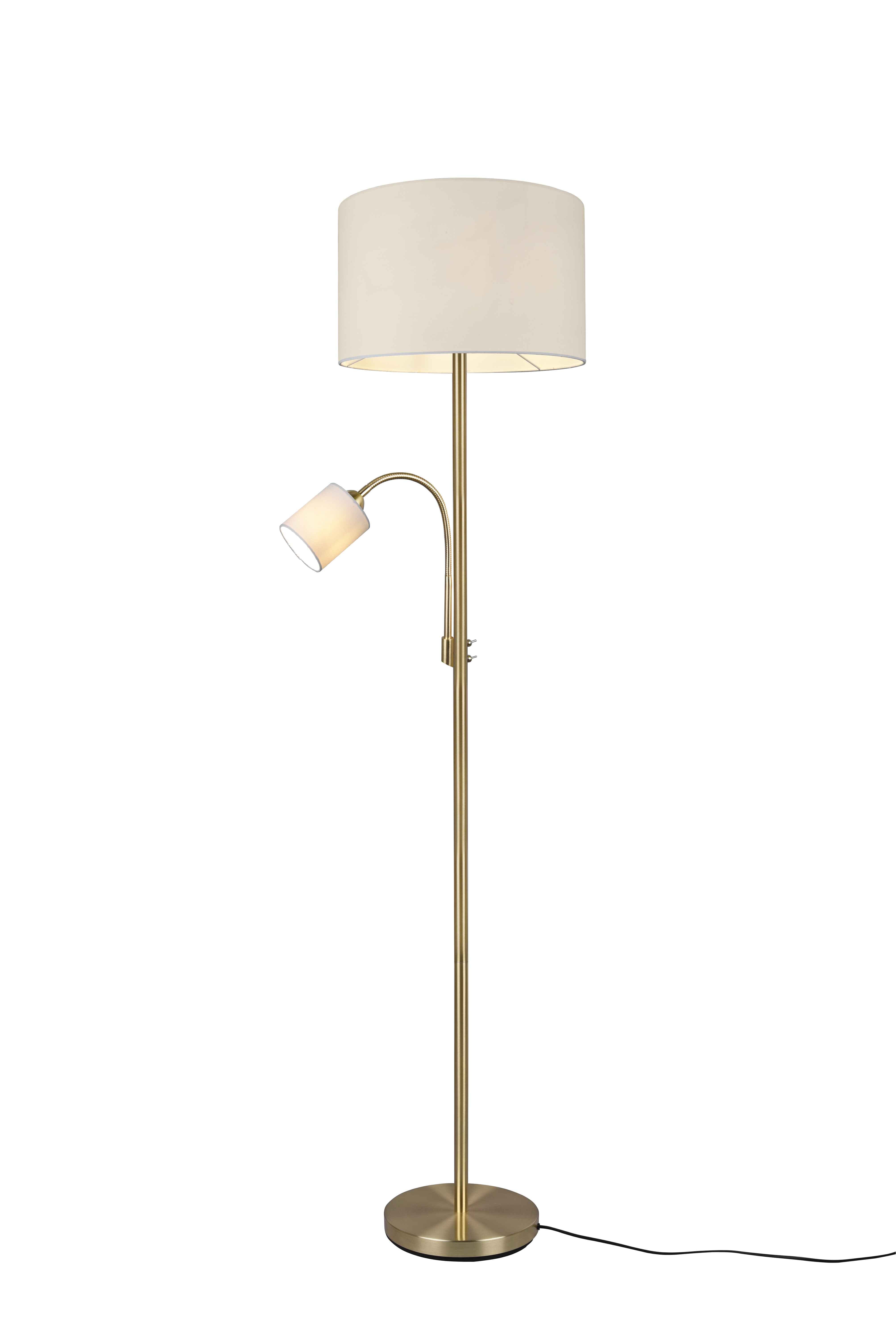 Trio leuchten hotel 403900208 floor lamp metal brass matt fabric shade cream white excl. bulb 1x e27 and 1x e14 with foot switch separately switchable