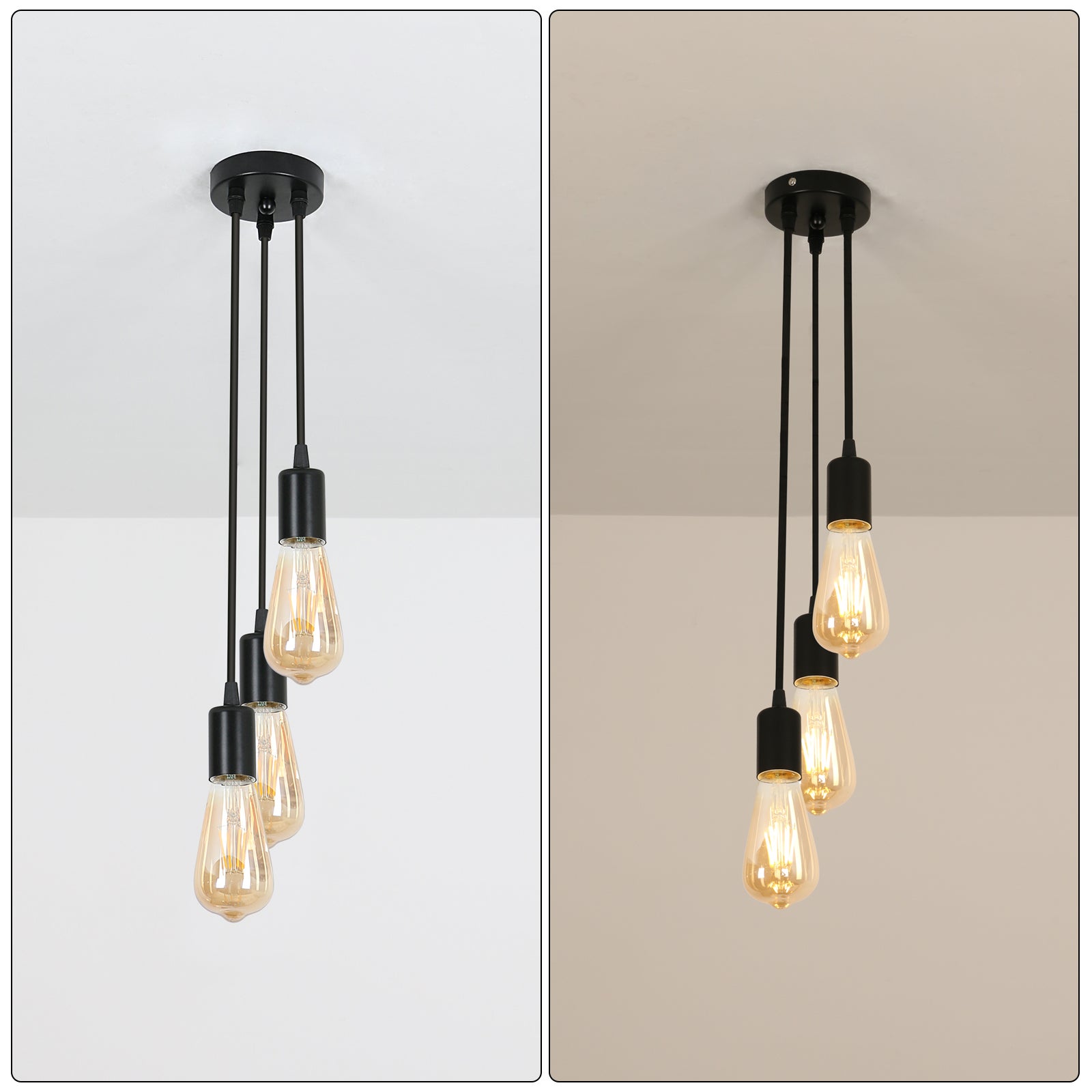 GOECO Lustre Industriel et Vintage 3 douilles Suspension Pour salon chambre à coucher salle à manger bureau Bar Café Noir E27 Base - 8