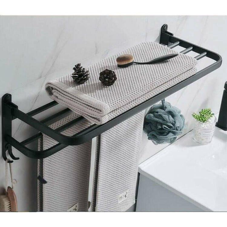 Toallero de baño, estante de almacenamiento plegable montado, espacio de aluminio, toallero de baño montado en la pared (40 cm, negro) - 5