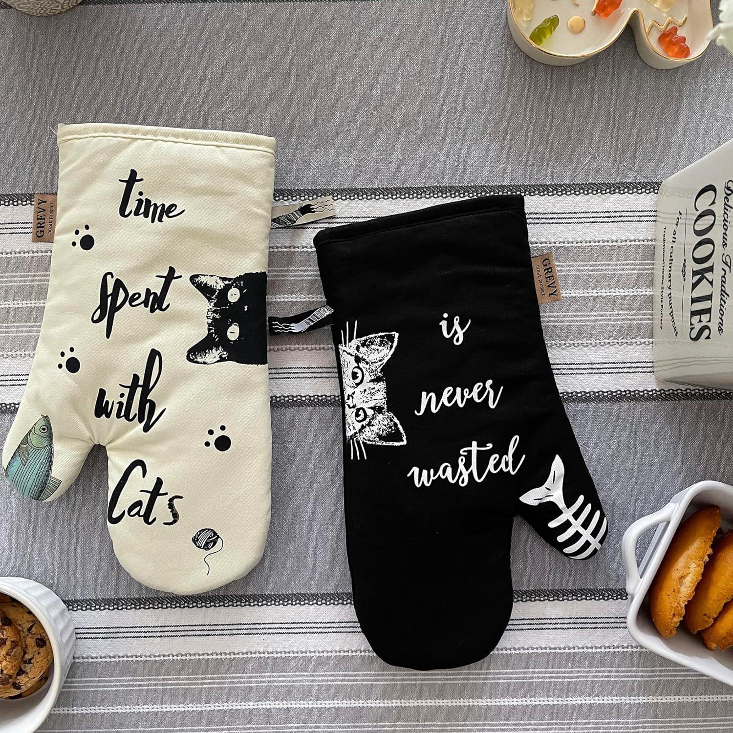 Gants de cuisine résistants à la chaleur pour la cuisine, les grillades, la pâtisserie, ivoire et noir, chat et chat noir, amoureux des chats - 3