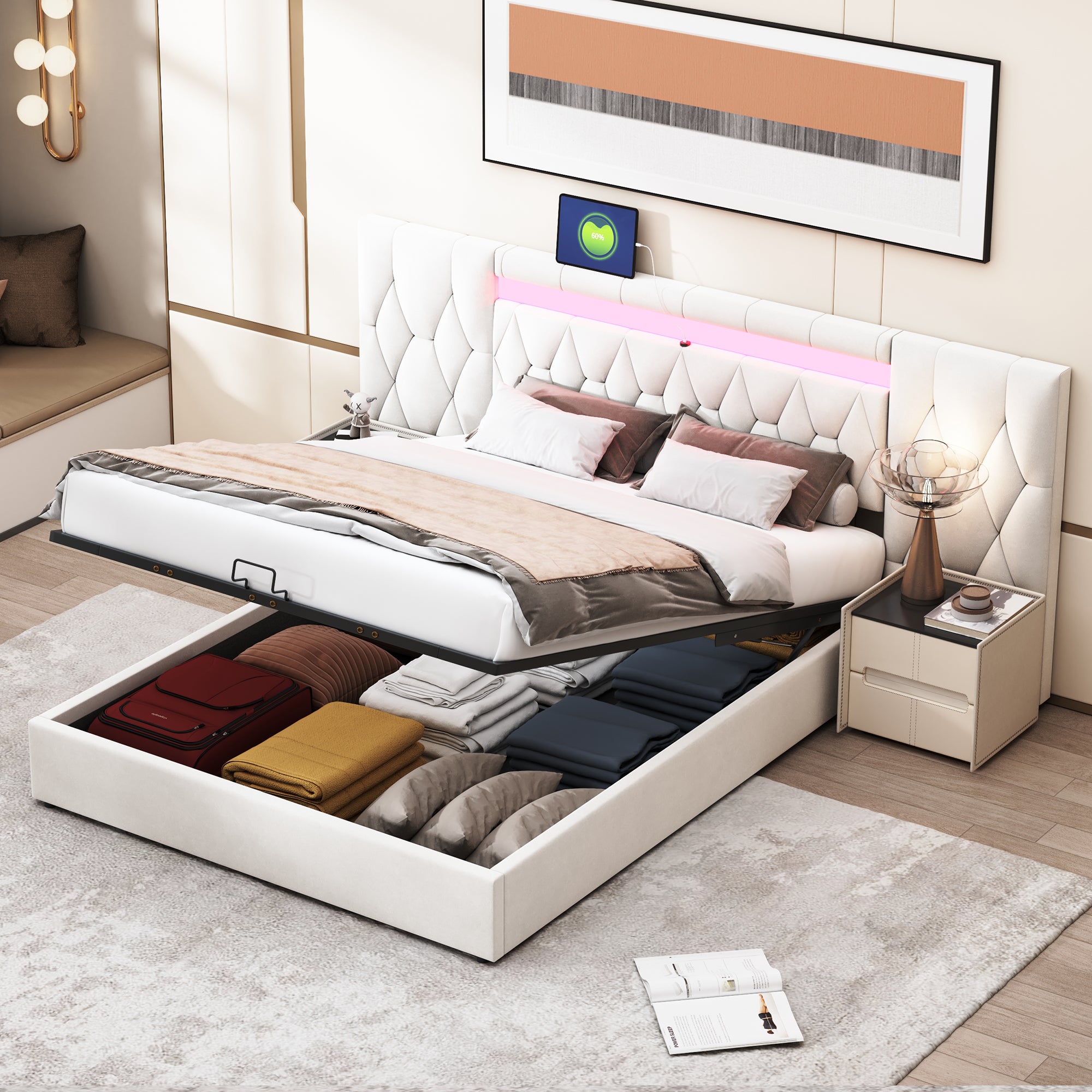 Lit Double Rembourré 160 X 200 Cm, Tissu Velours, Avec éclairage LED RGB, Ports USB Et Type-C, Lit De Rangement Avec Trois Tiroirs, Matelas Non Inclus, Gris