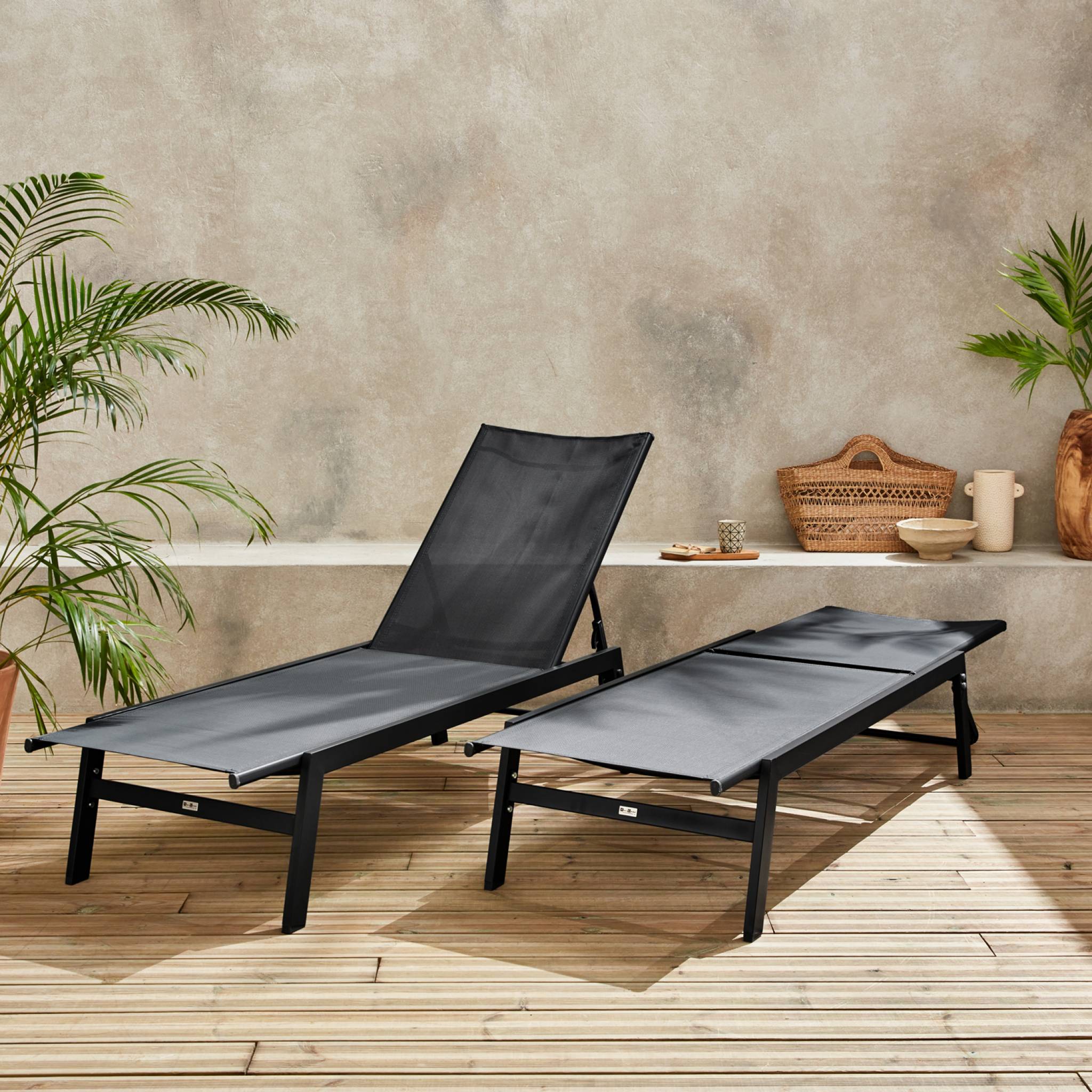 Lot de 2 transats noir. 5 positions. en textilène et métal. FLORA. L155 x P59 x H106cm FLORA - 3