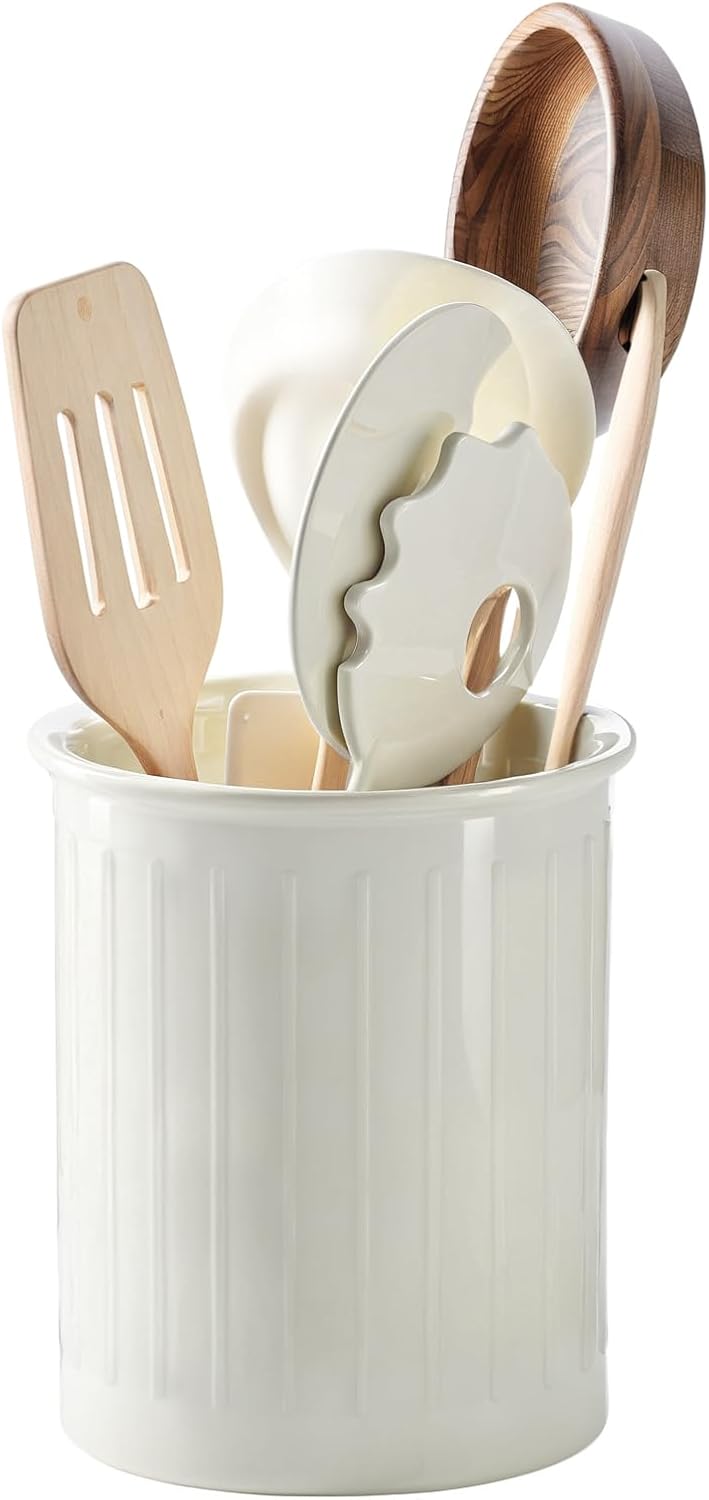 Ceramiczny pojemnik na przybory kuchenne, 13,4 x 11 cm, Pojemnik na przybory kuchenne, Wytłaczany pojemnik na sztućce ułatwiający organizację, Biały