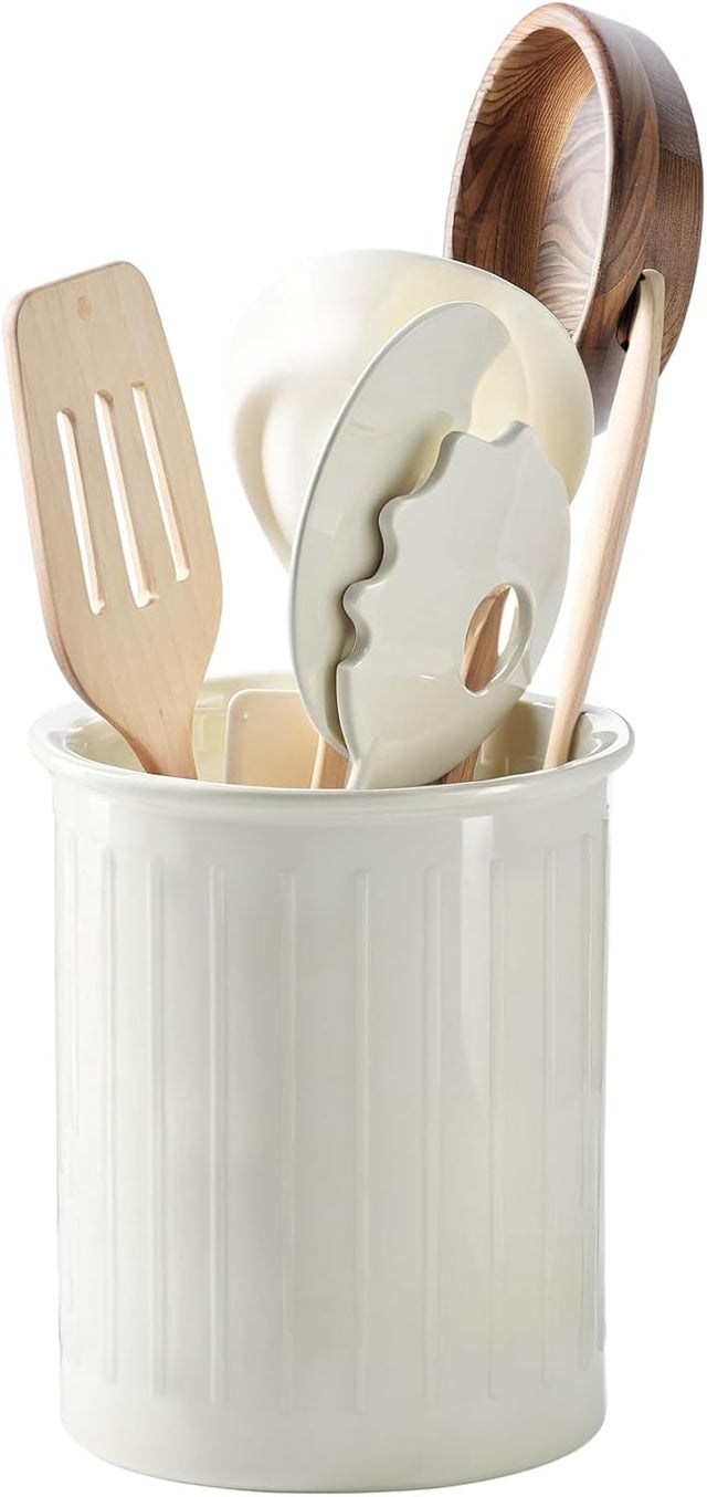 Porta utensilios de cocina de cerámica, 13,4 x 11 cm, porta cubiertos con relieve para organizar, blanco