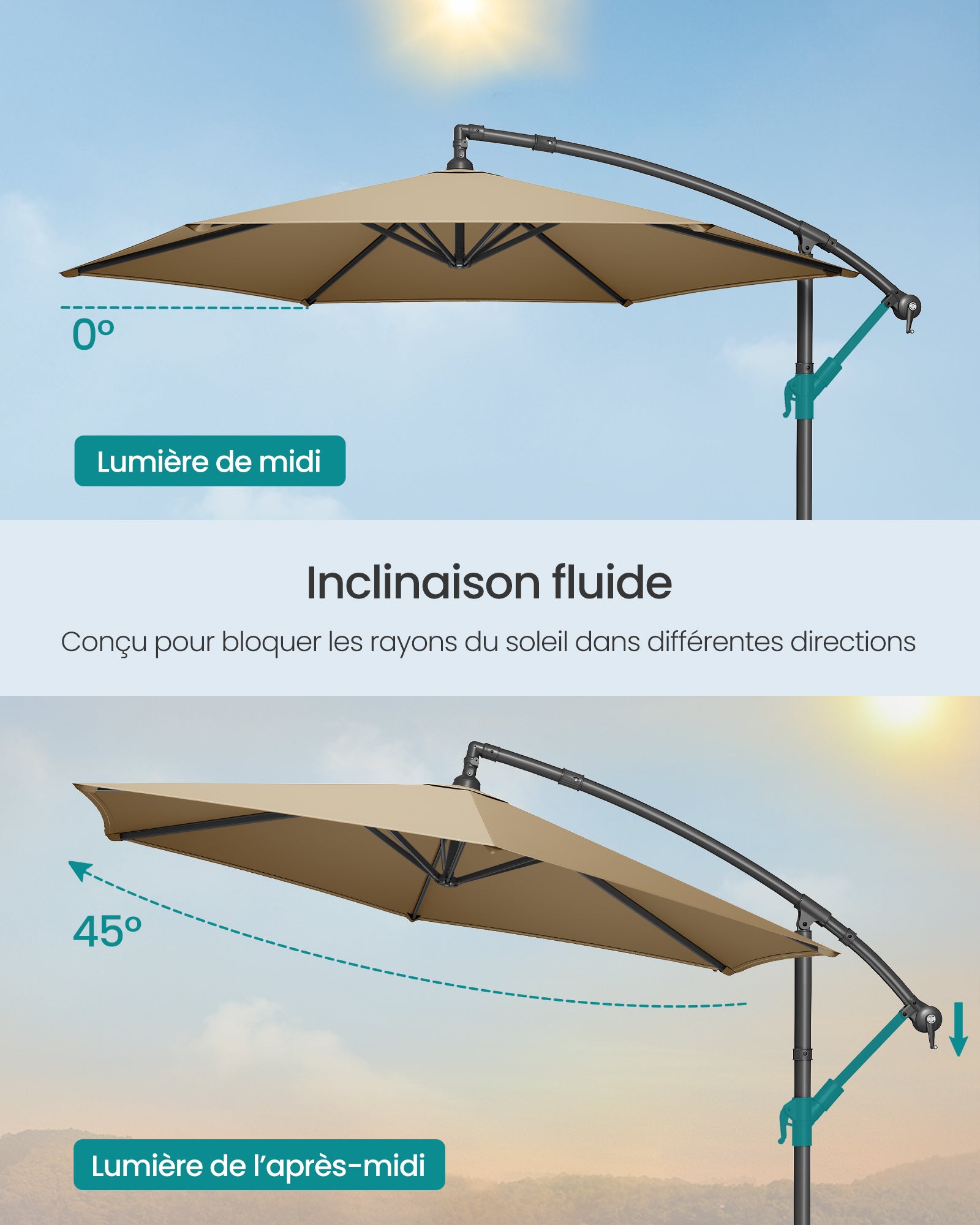 Parasol de Jardin Extérieur Déporté 300cm, avec Base, UPF 50+ Protection Solaire ,Taupe - 4