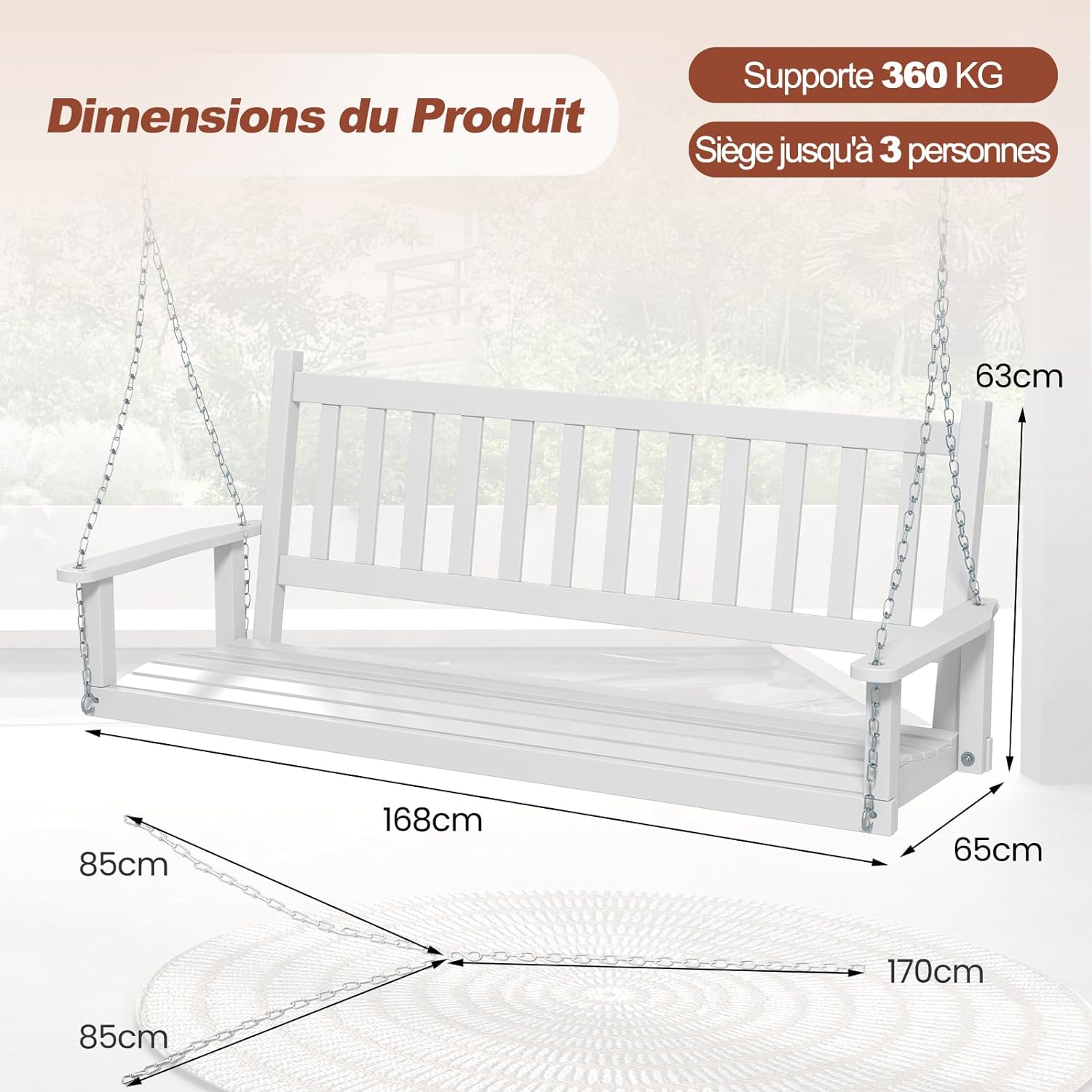 Balançelle Jardin 2/3 Places Extérieur, Chaise Hamac Siège Suspnedue en Bois avec Chaînes de Suspension Ajustables,230/360KG(168x65x63CM,Blanc) - 5