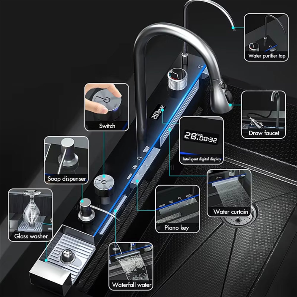 Set lavello da cucina con display digitale intelligente, purificatore d'acqua a cascata, distributore di sapone, lavabicchieri - 4