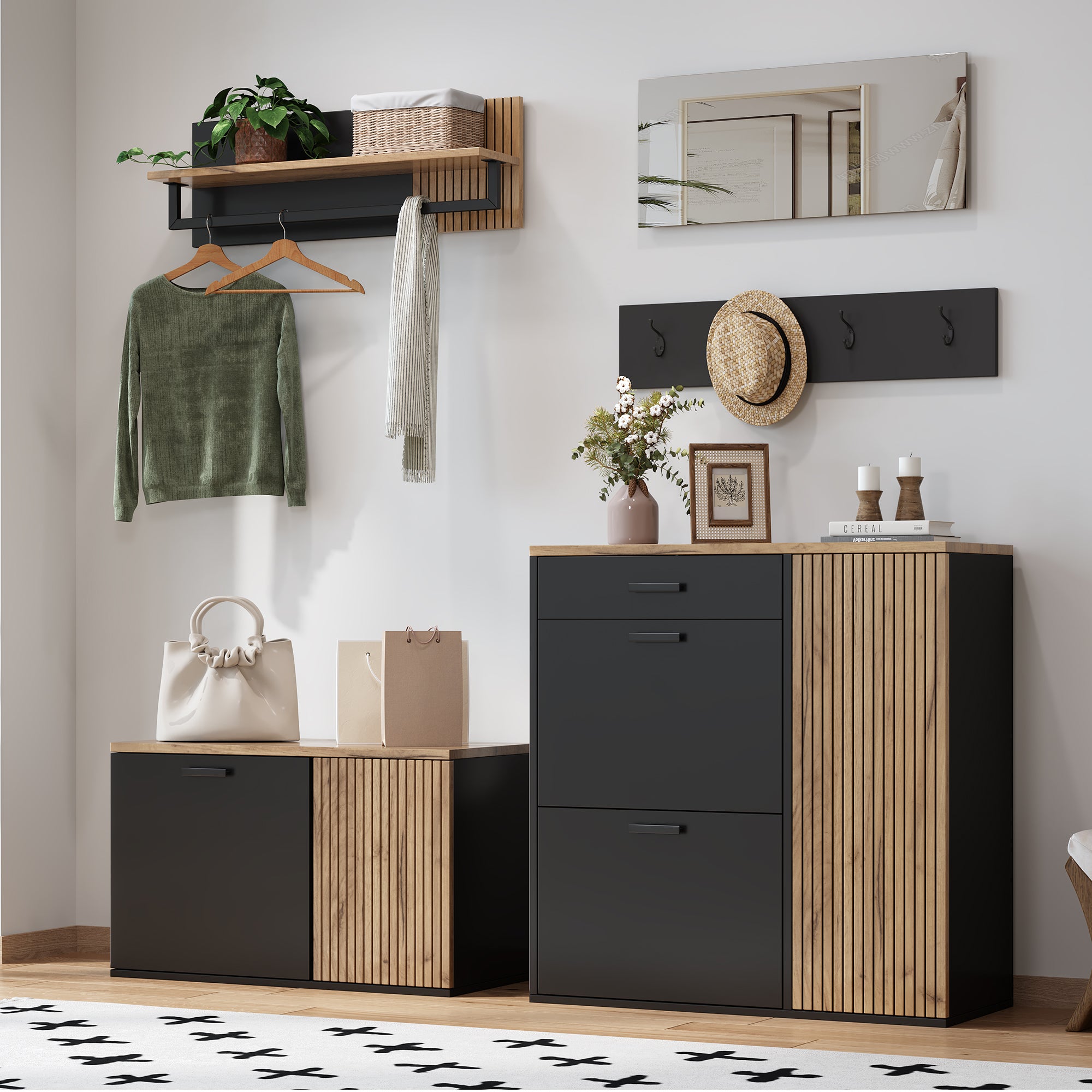 Zestaw szafek do przedpokoju - 2 szafki na buty - drążek na ubrania i 4 haczyki - lustro - naturalny + czarny