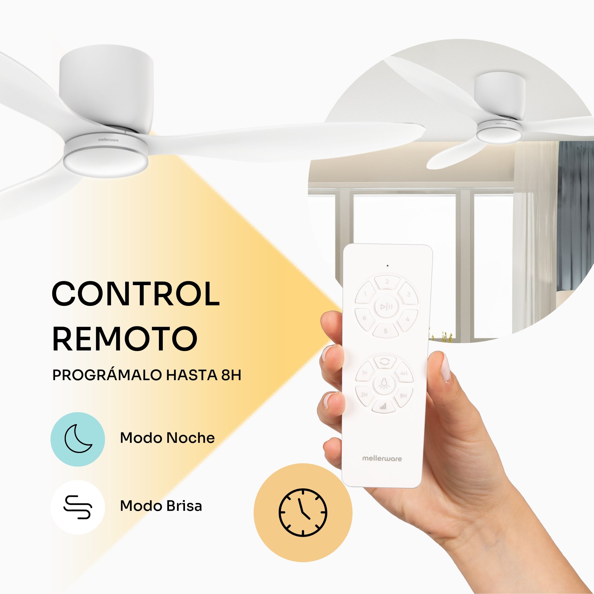 Mellerware - Ventilateur de plafond Brizy Bright Minimal 40W | 6 vitesses | Ultra silencieux | 3 pales Ø132 cm | Fonction été/hiver | LED - 4