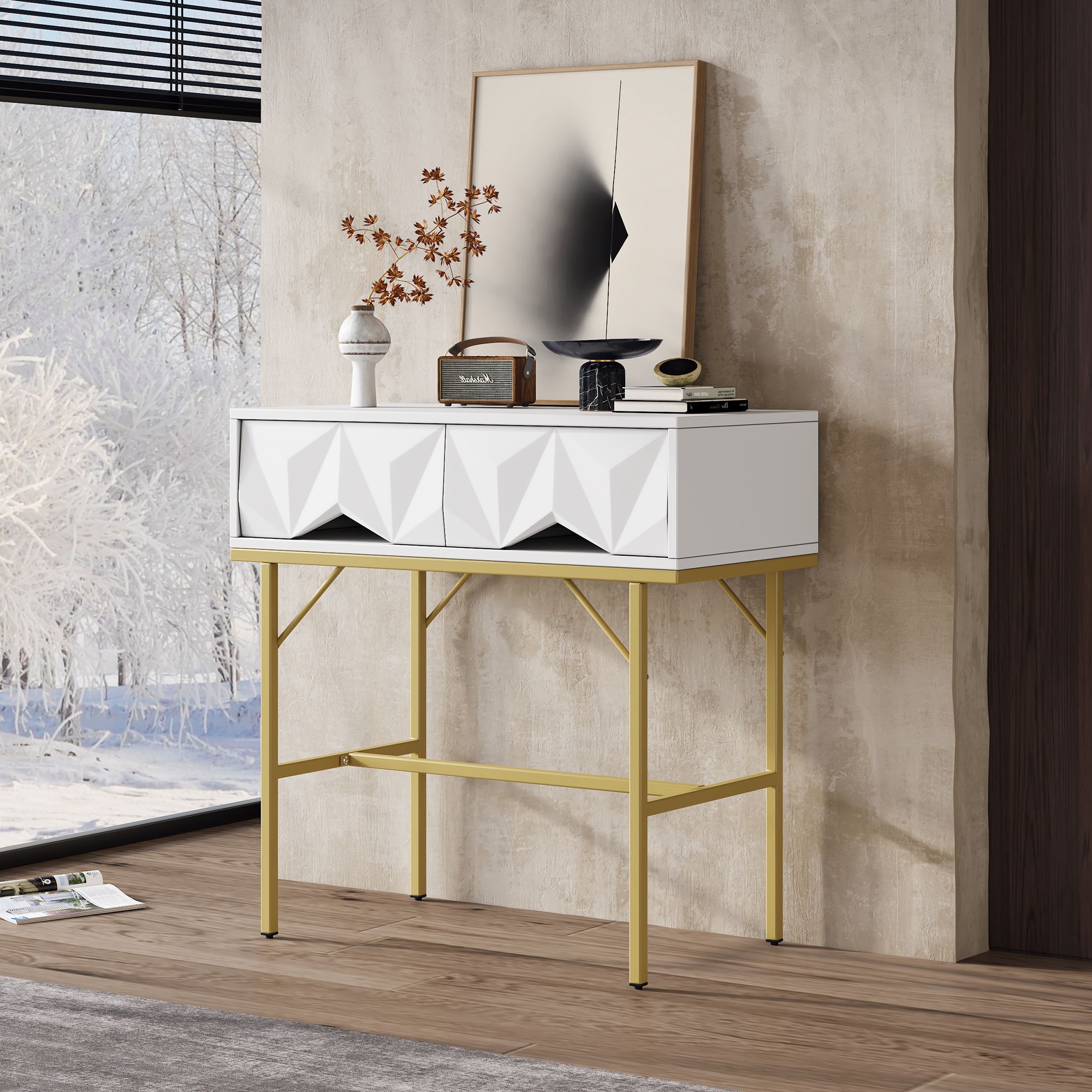 Console design géométrique avec 2 tiroirs, 80 x 40 x 80 cm, MDF, blanc ...