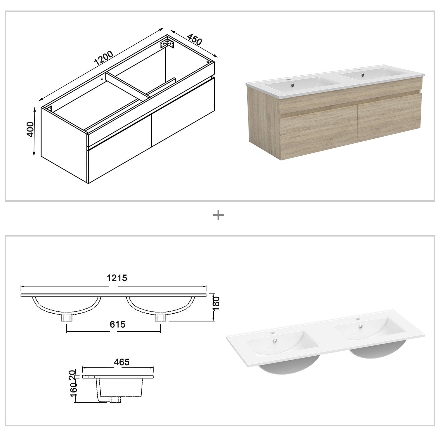 Ensemble Salle De Bain 120cm meuble Chêne Wotan avec colonne et miroir lumineux, Ocean - 4