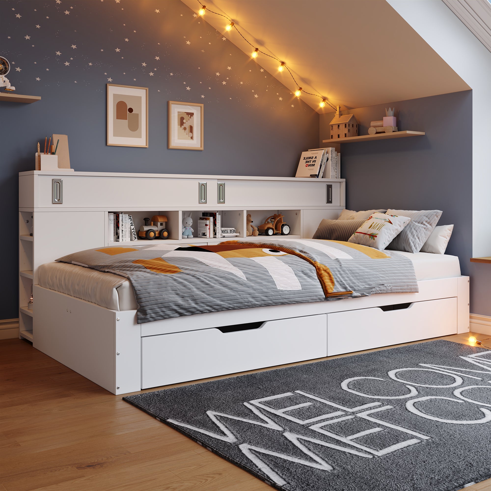Łóżko dziecięce 140 x 190 cm z szafką boczną i 2 szufladami - MDF - białe (materac i zagłówek nie są dołączone) - 2