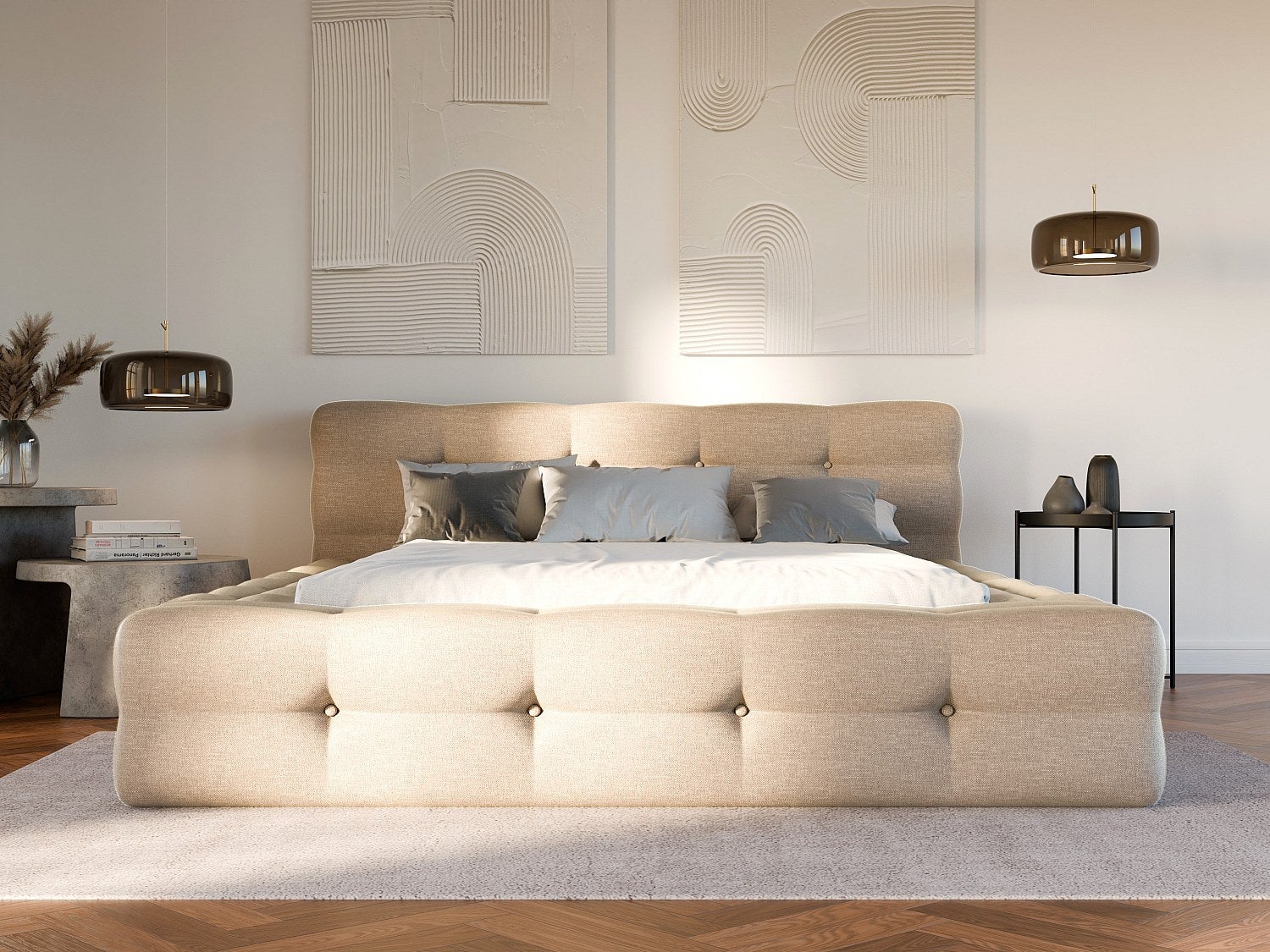 Lit capitonné 140 x 190 cm - Tissu chiné - Beige - LERUCO - 2