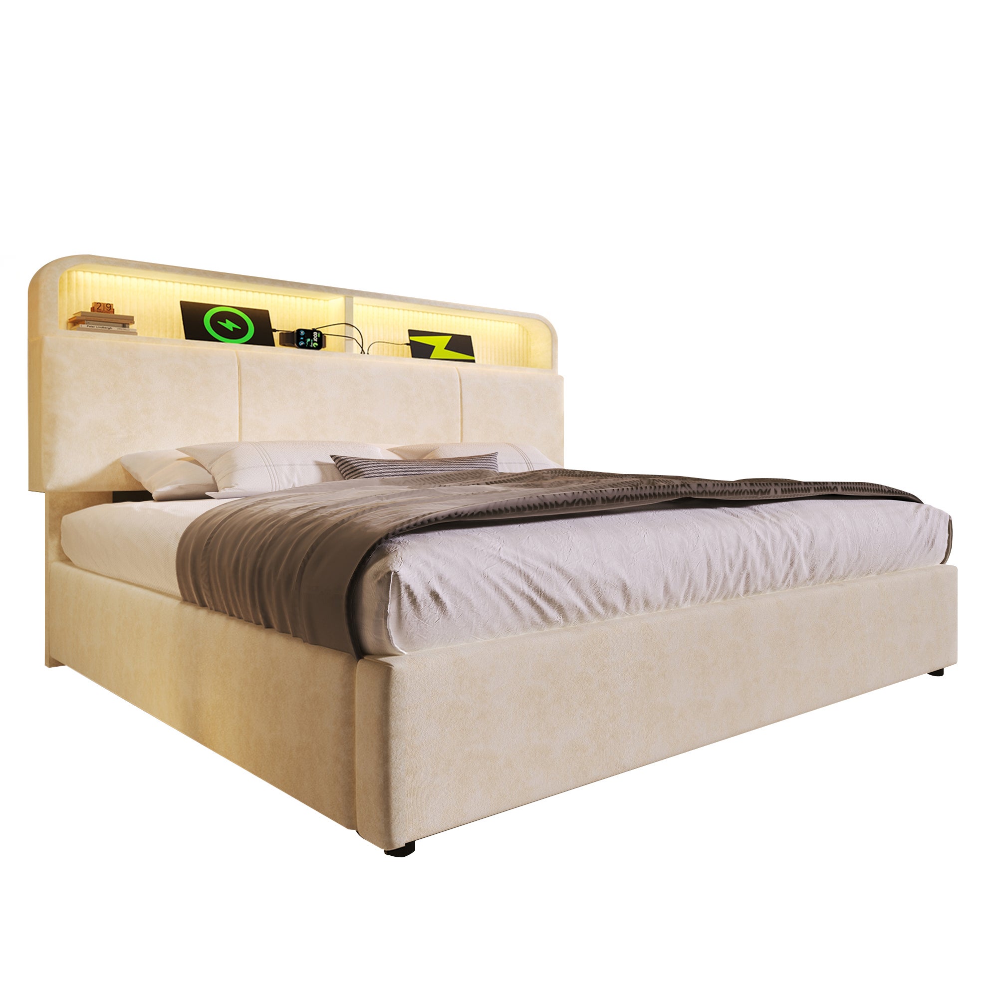 Lit coffre 140 x 190 cm avec tête de lit rangemnt - Velours - LEDs, charge USB/Type-C - Sommier à lattes - Beige (matelas non inclus) - 8