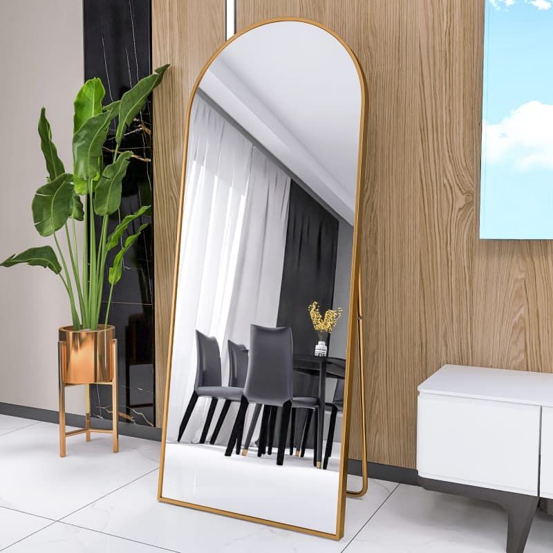 Espejo arqueado de cuerpo entero 165x60 cm, cristal templado, marco de aluminio dorado, soporte incluido, para dormitorio, salón y entrada. - 2