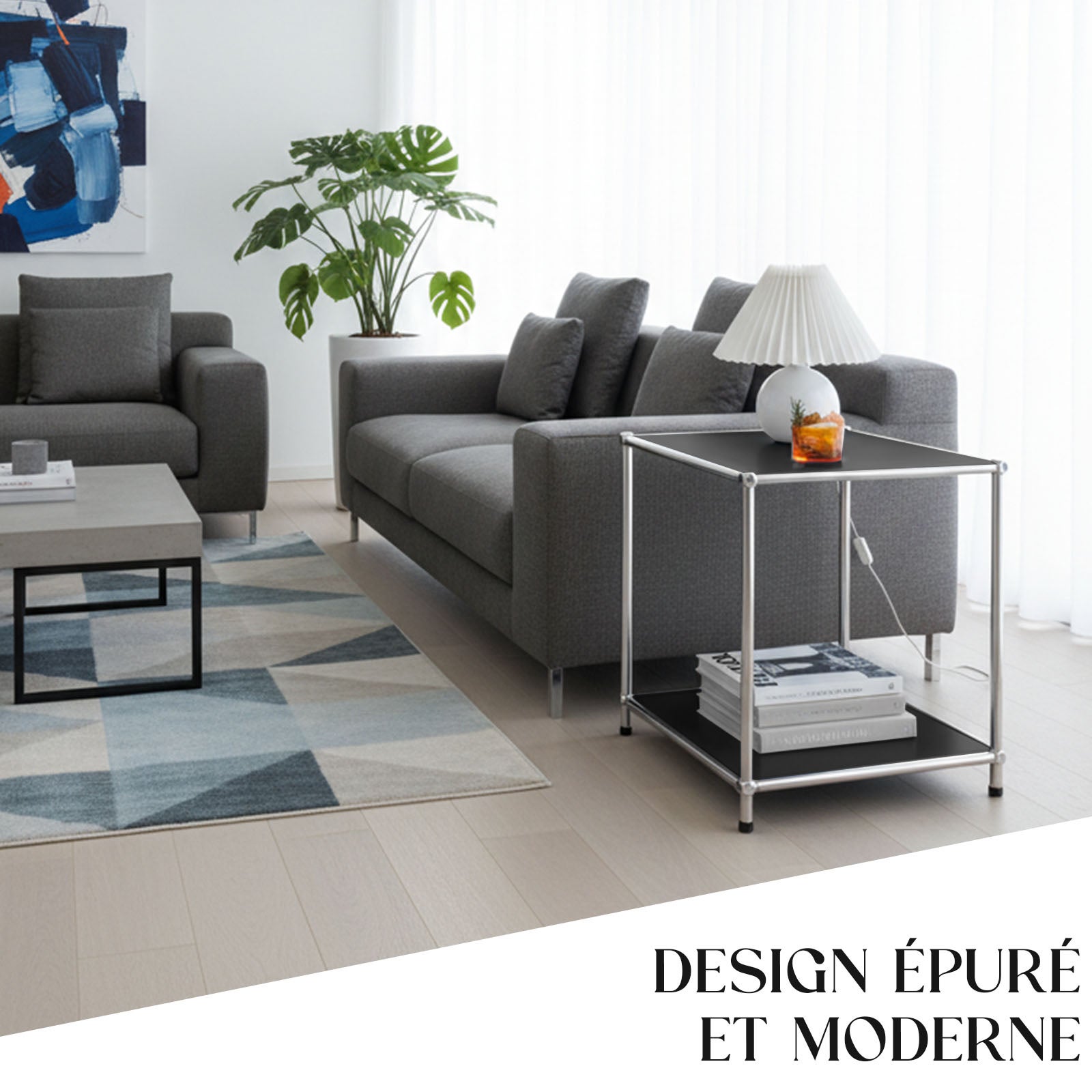 Étagère métal chromé design épuré, Concept Epuré MK-012 : 2 étages, L40 x P40 x H46 cm, Noir - 2